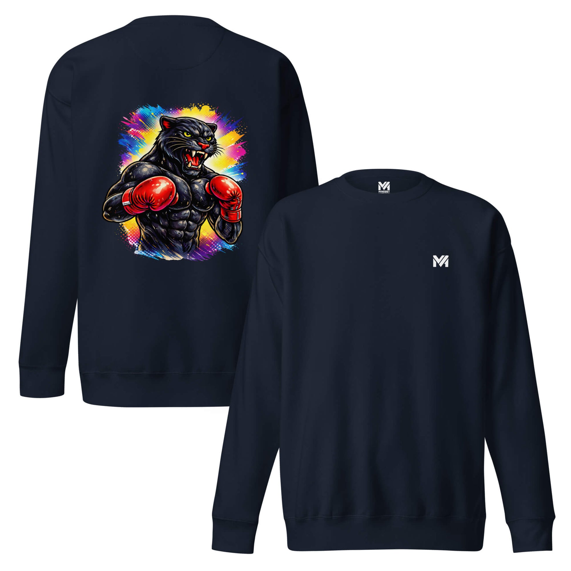 Sweat BLACK PANTHER bleu marine logo blanc face et visuel coloré dos Mindset Ambition