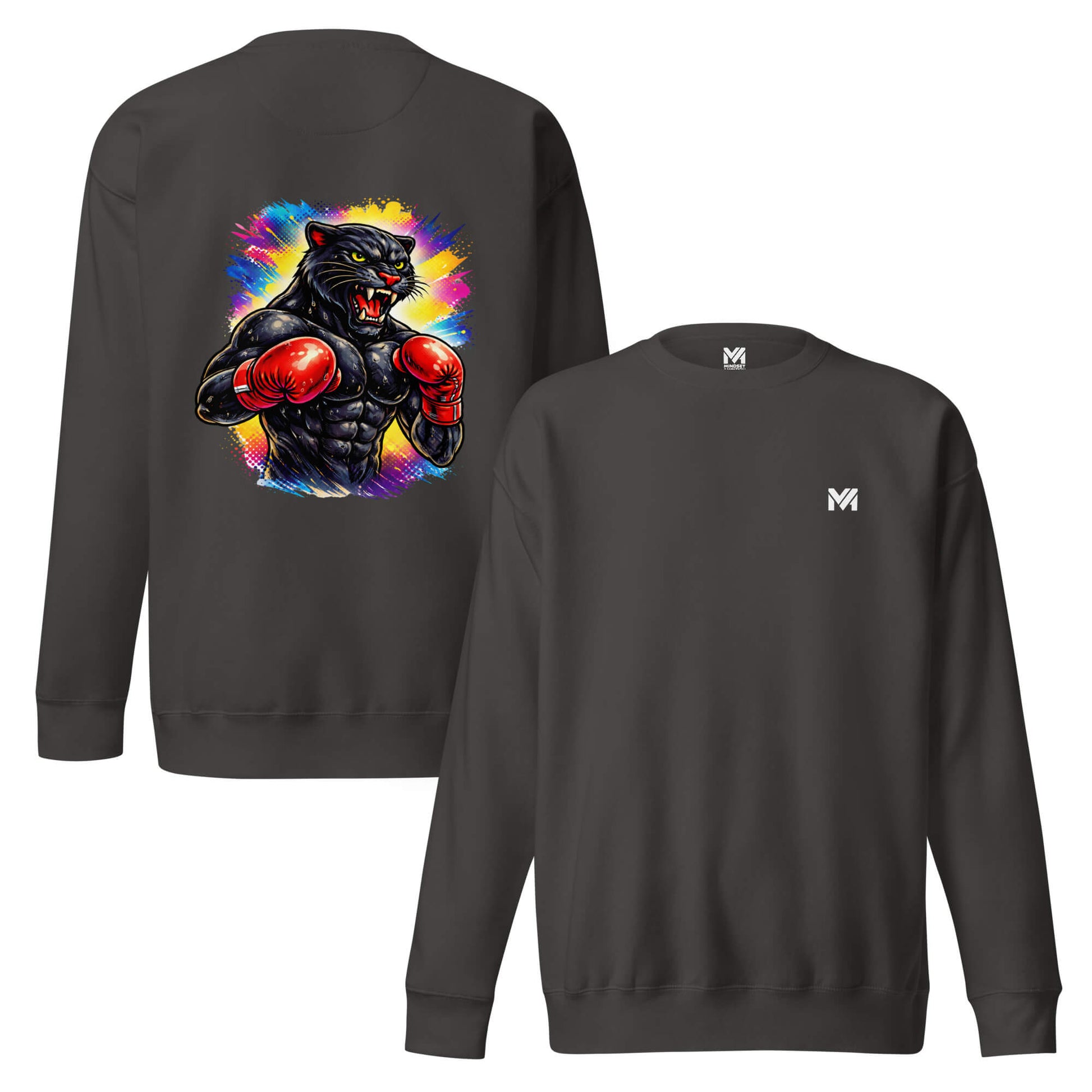 Sweat BLACK PANTHER gris anthracite logo blanc face et visuel coloré dos Mindset Ambition