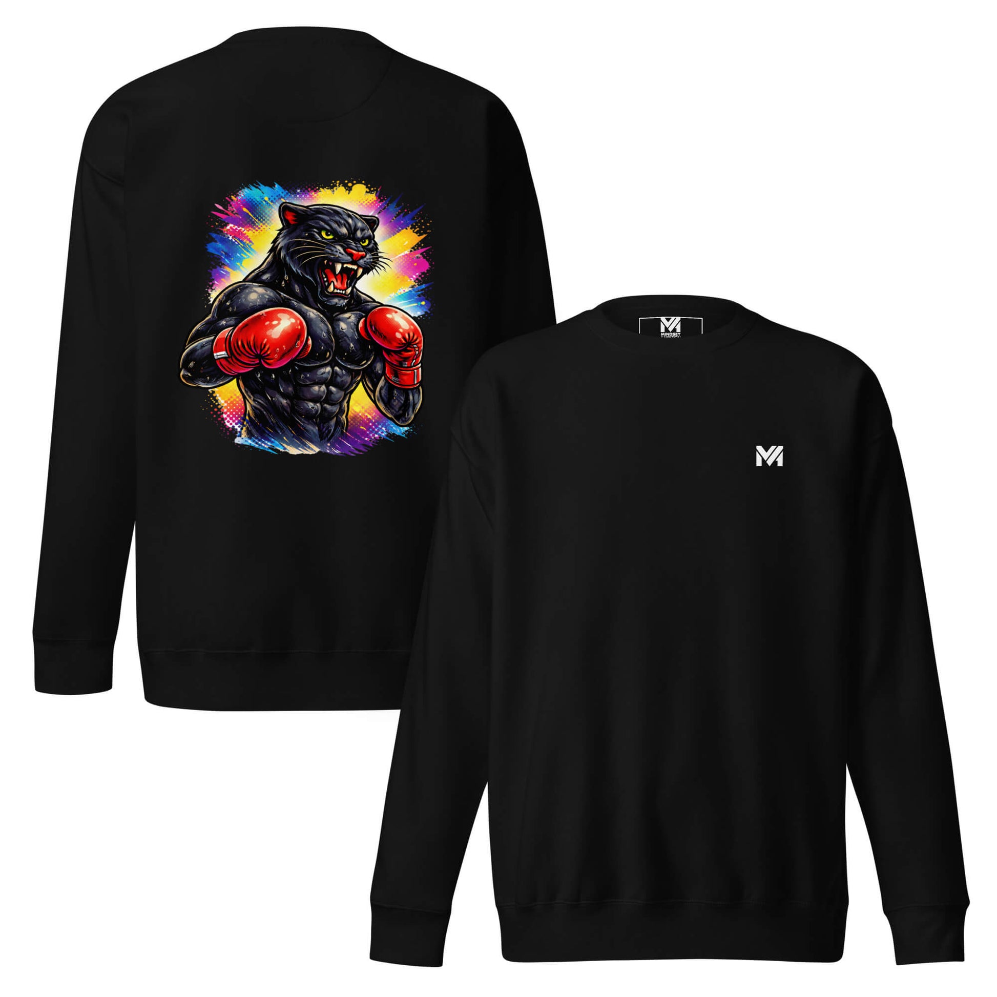 Sweat BLACK PANTHER noir logo blanc face et visuel coloré dos Mindset Ambition