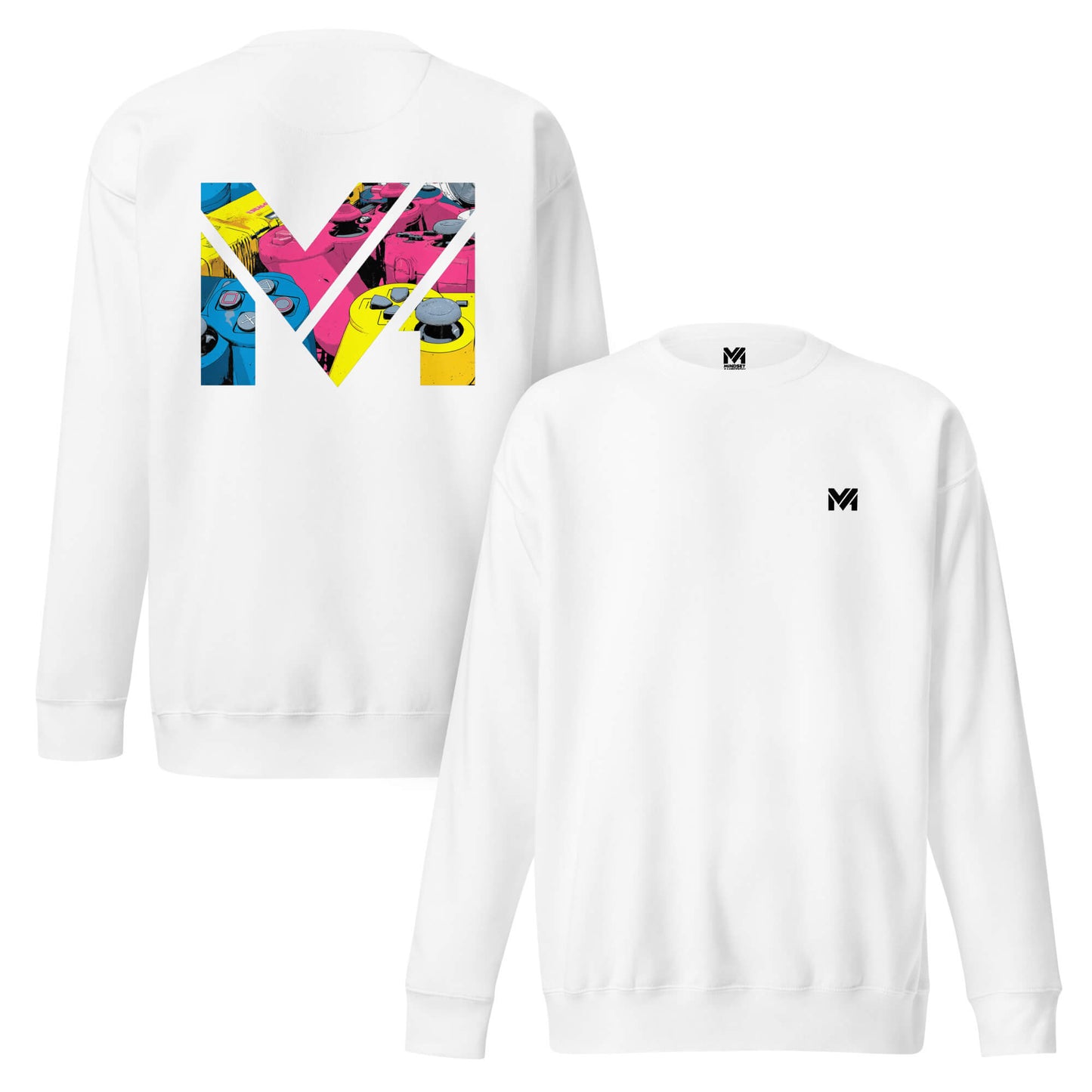 Sweat CONTROL THE GAME blanc logo noir face et visuel coloré dos Mindset Ambition