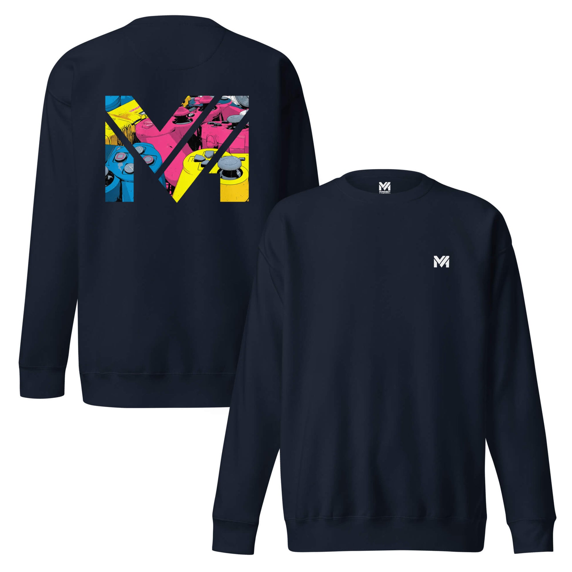 Sweat CONTROL THE GAME bleu marine logo blanc face et visuel coloré dos Mindset Ambition