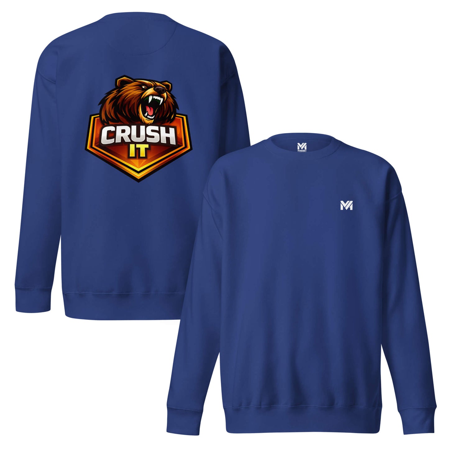 Sweat CRUSH IT bleu roi logo blanc face et visuel coloré dos Mindset Ambition
