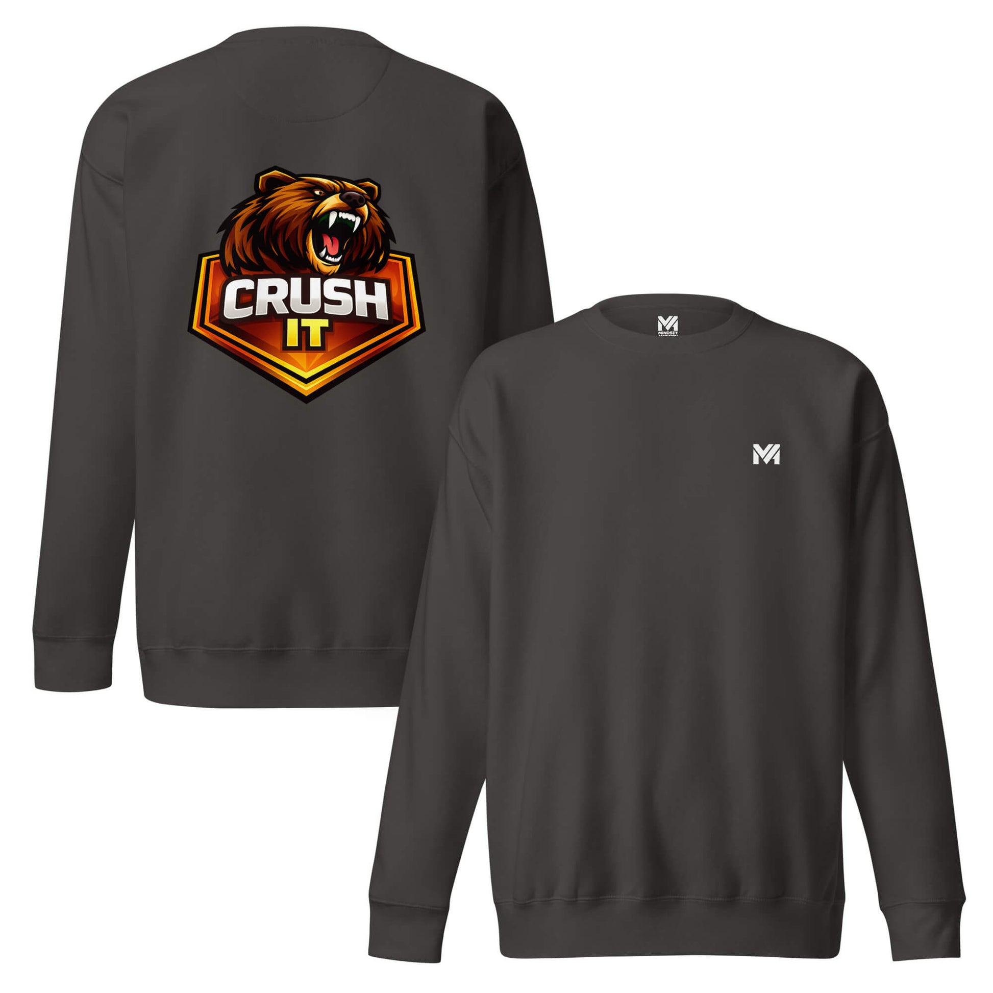 Sweat CRUSH IT gris anthracite logo blanc face et visuel coloré dos Mindset Ambition