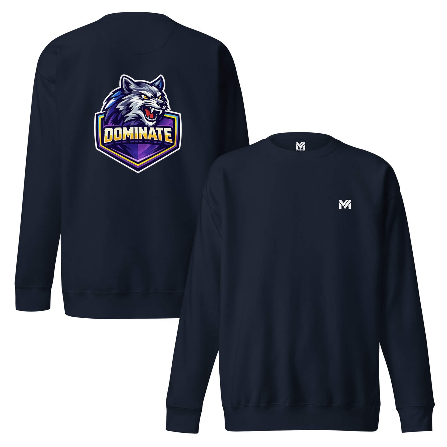 Sweat DOMINATE bleu marine logo blanc face et visuel coloré dos Mindset Ambition