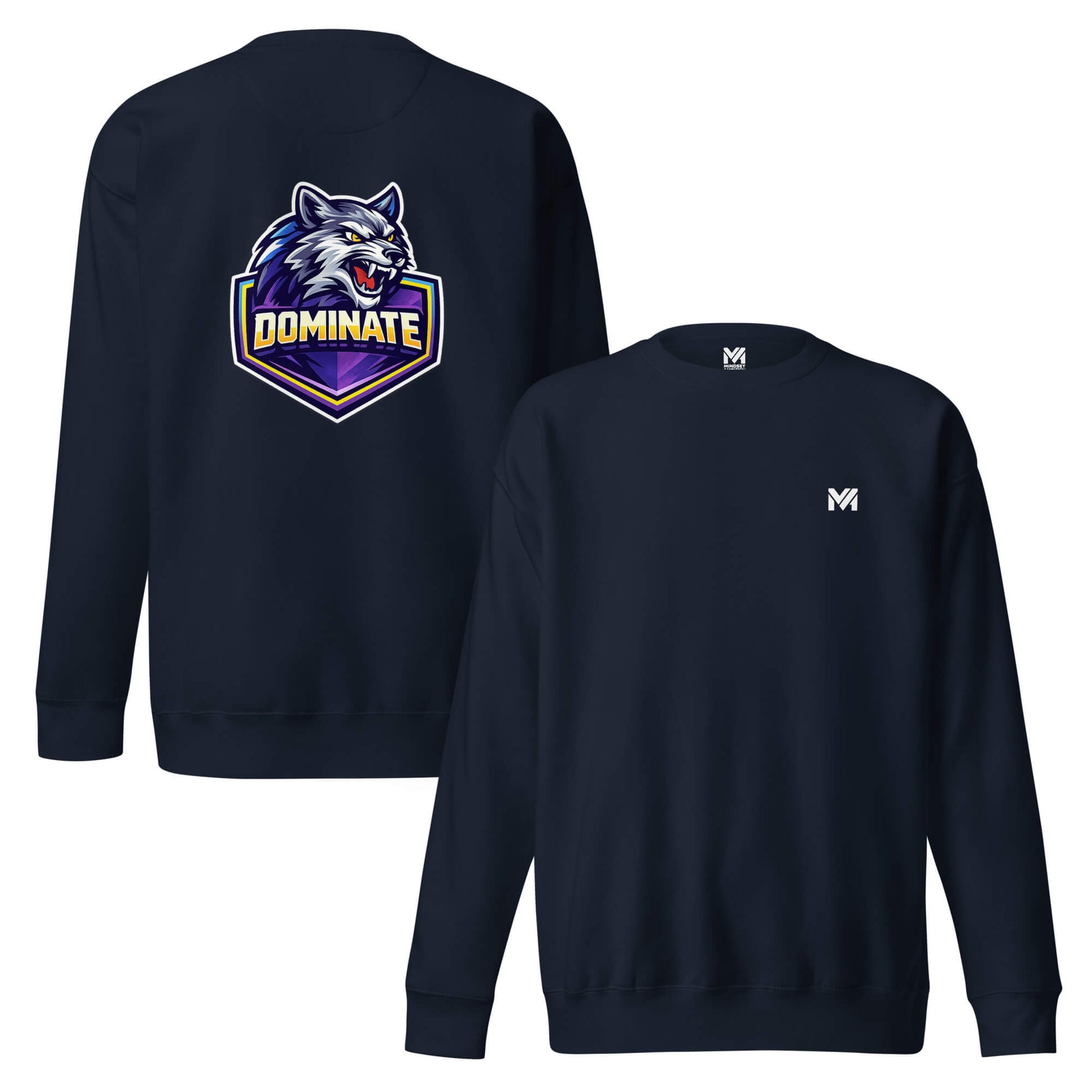 Sweat DOMINATE bleu marine logo blanc face et visuel coloré dos Mindset Ambition