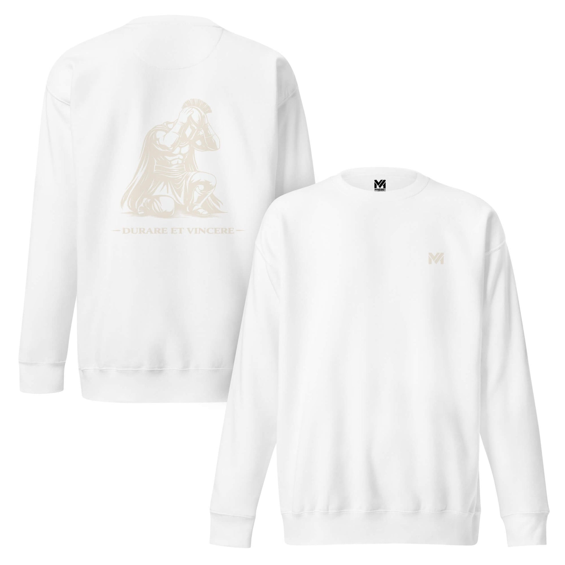 Sweat Durare et Vincere blanc logo doré face et visuel doré dos Mindset Ambition