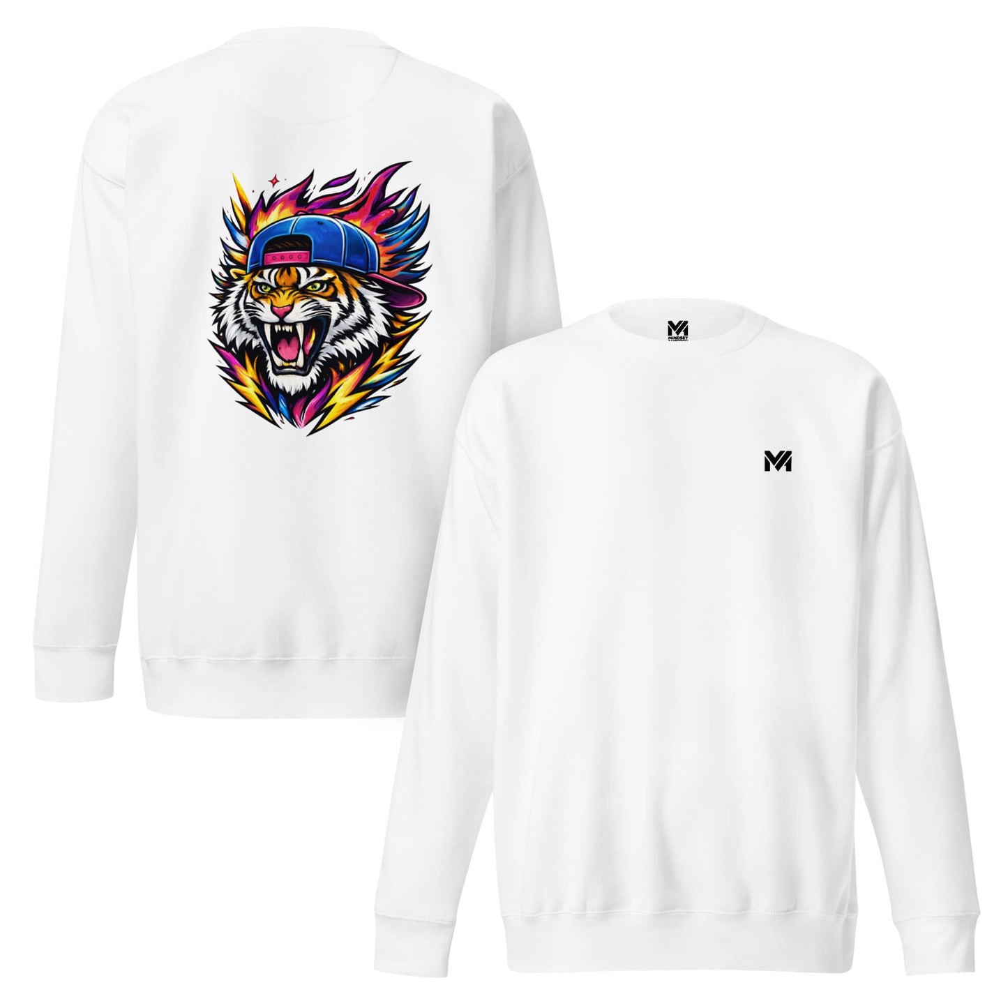 Sweat FIRE TIGER blanc logo noir face et visuel coloré dos Mindset Ambition