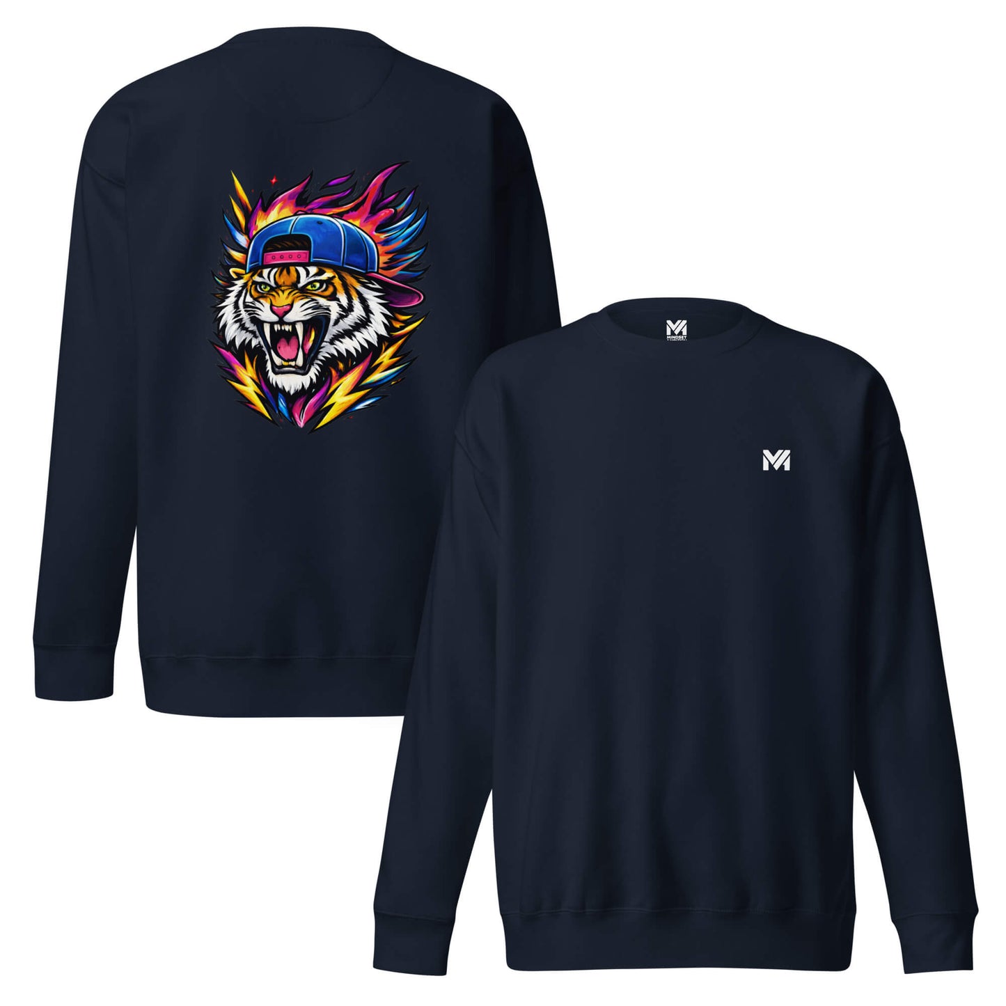 Sweat FIRE TIGER bleu marine logo blanc face et visuel coloré dos Mindset Ambition