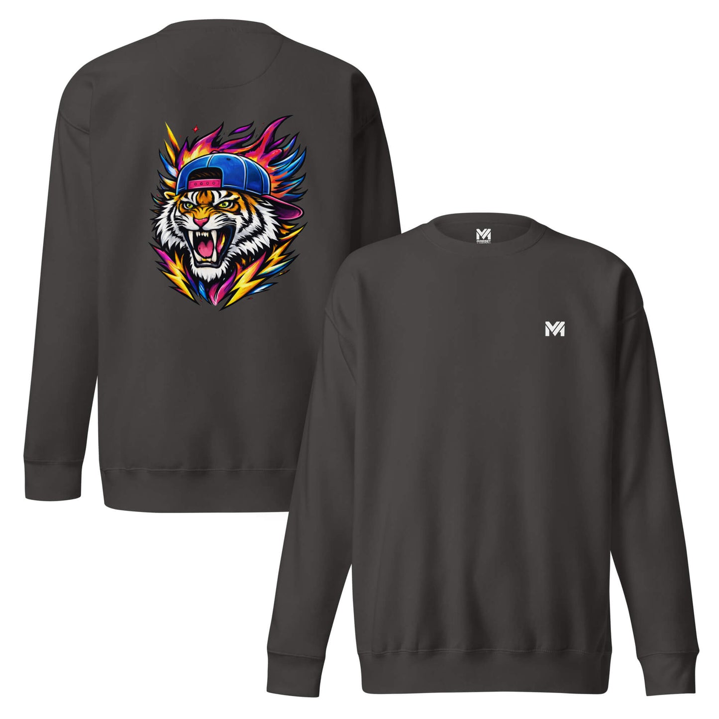 Sweat FIRE TIGER gris anthracite logo blanc face et visuel coloré dos Mindset Ambition