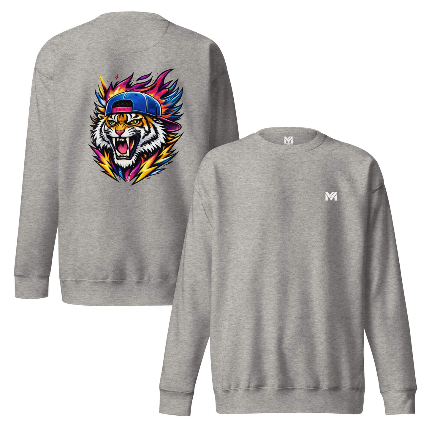 Sweat FIRE TIGER gris chiné logo blanc face et visuel coloré dos Mindset Ambition