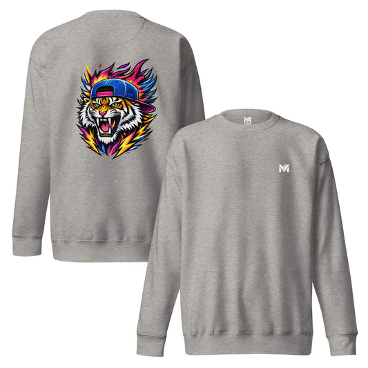 Sweat FIRE TIGER gris chiné logo blanc face et visuel coloré dos Mindset Ambition