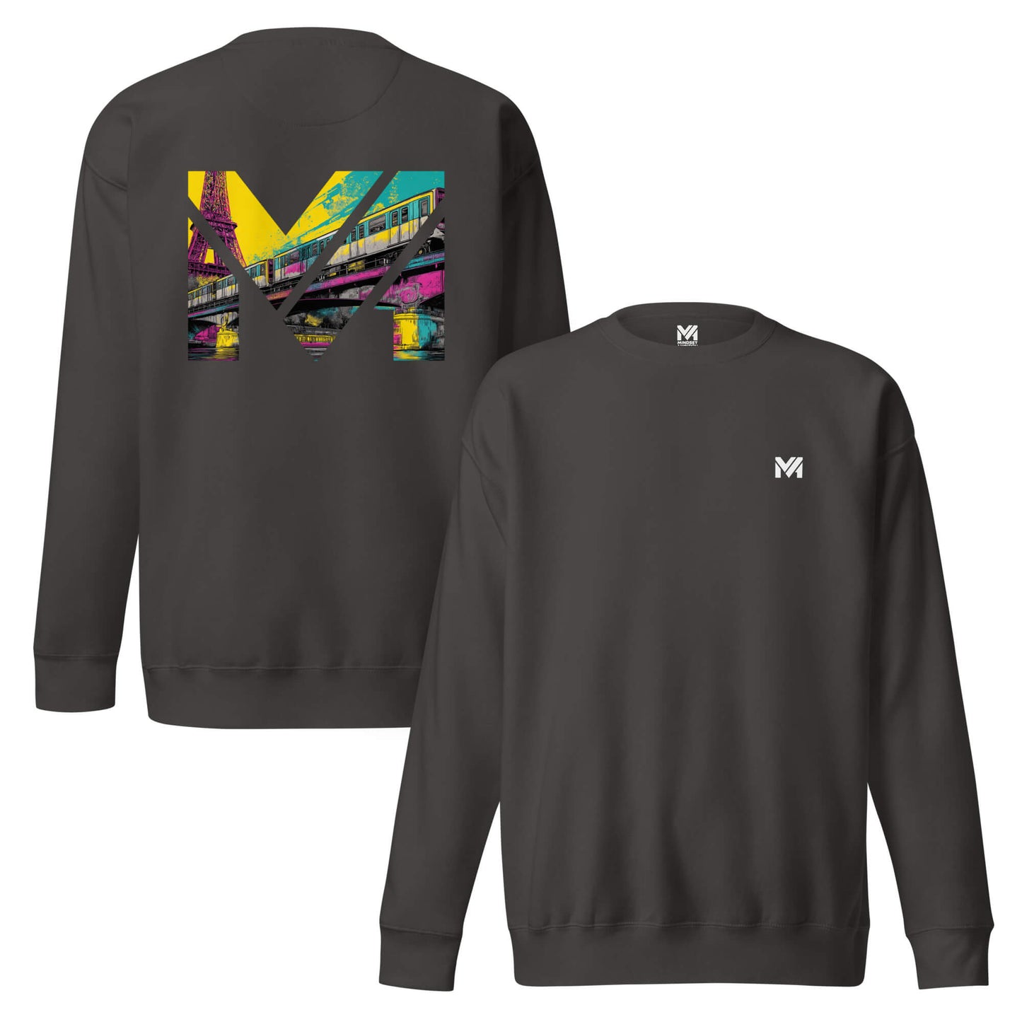 Sweat FORWARD ONLY gris anthracite face logo noir et dos visuel coloré Mindset Ambition vue face et dos