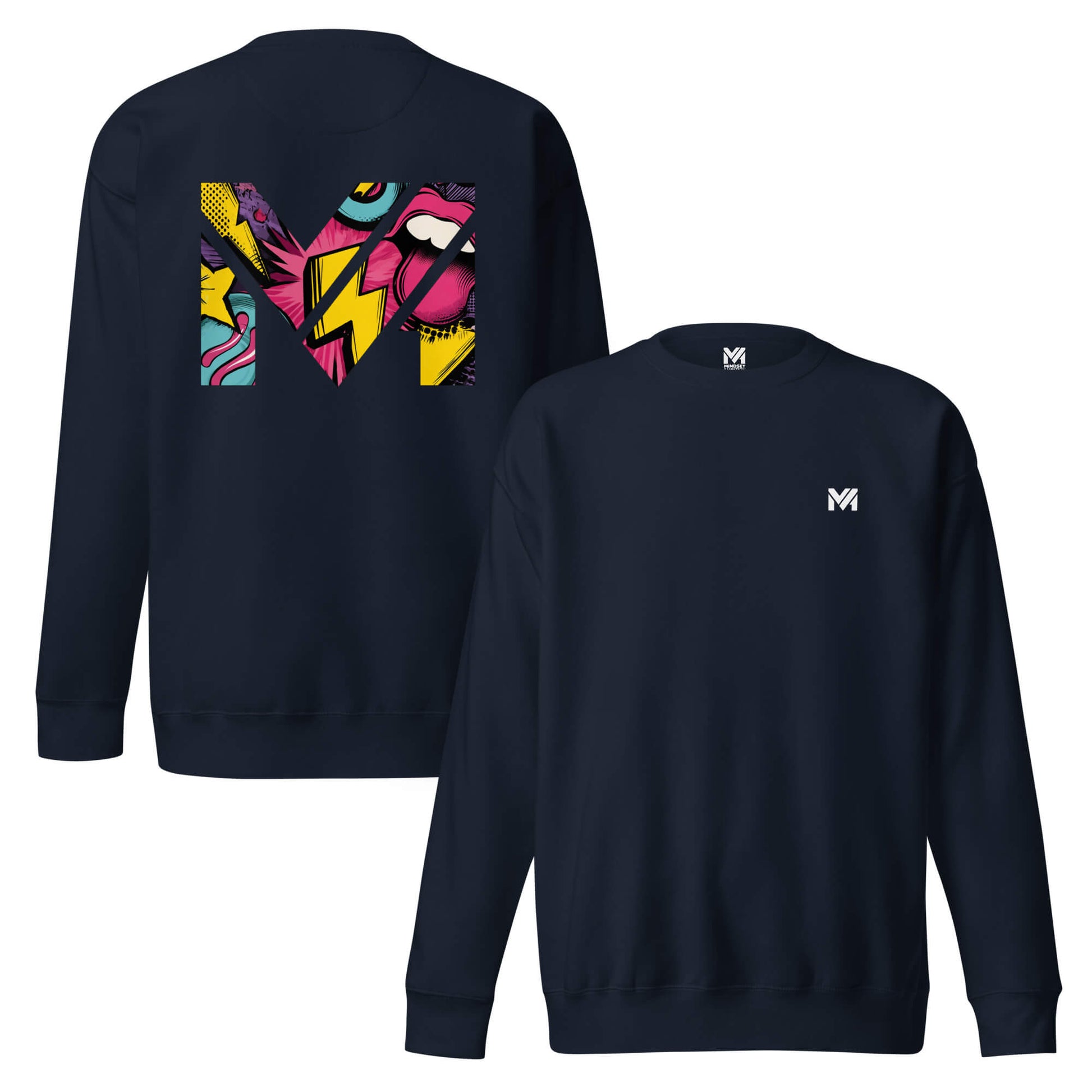 Sweat FULL VOLTAGE bleu marine logo blanc face et visuel coloré dos Mindset Ambition