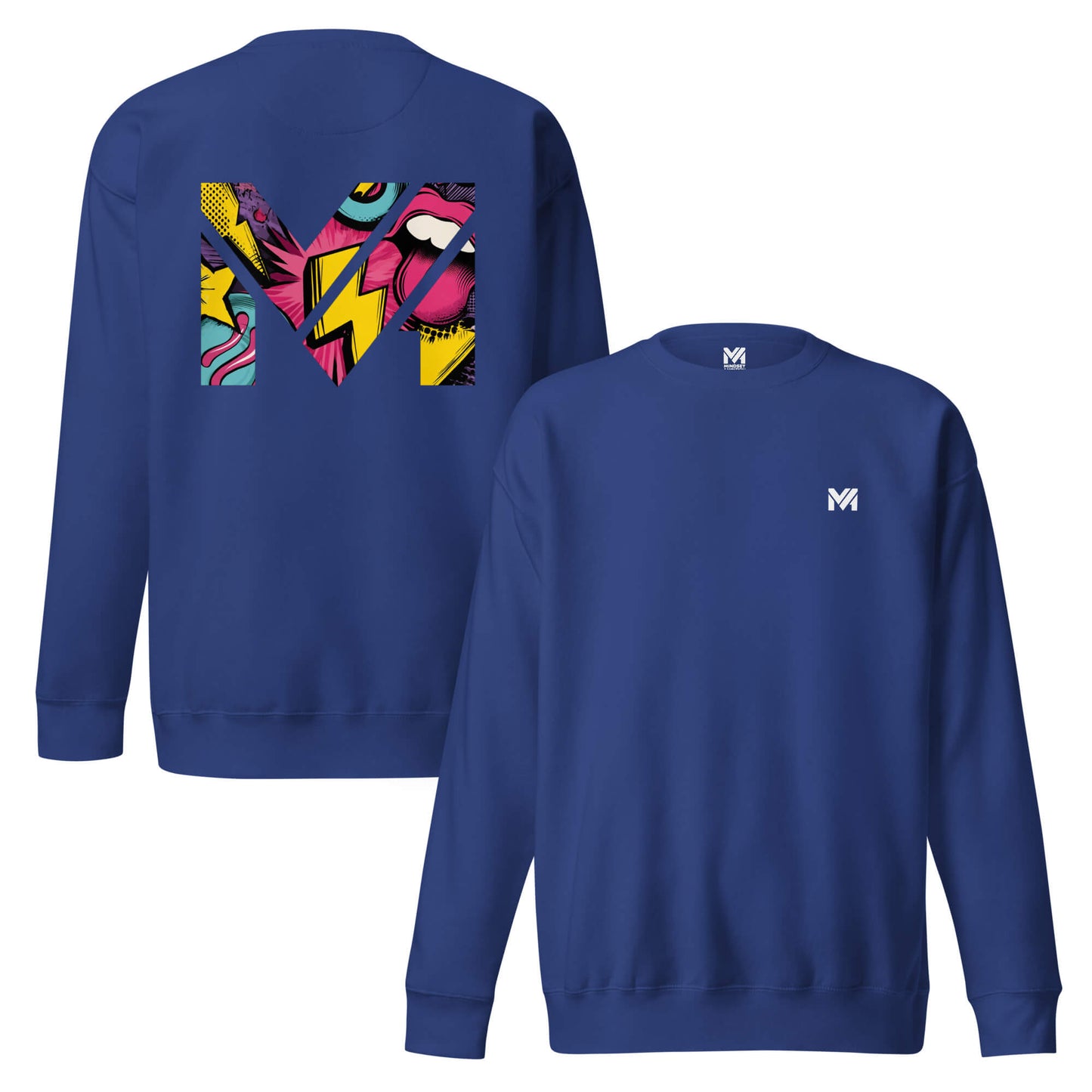 Sweat FULL VOLTAGE bleu roi logo blanc face et visuel coloré dos Mindset Ambition