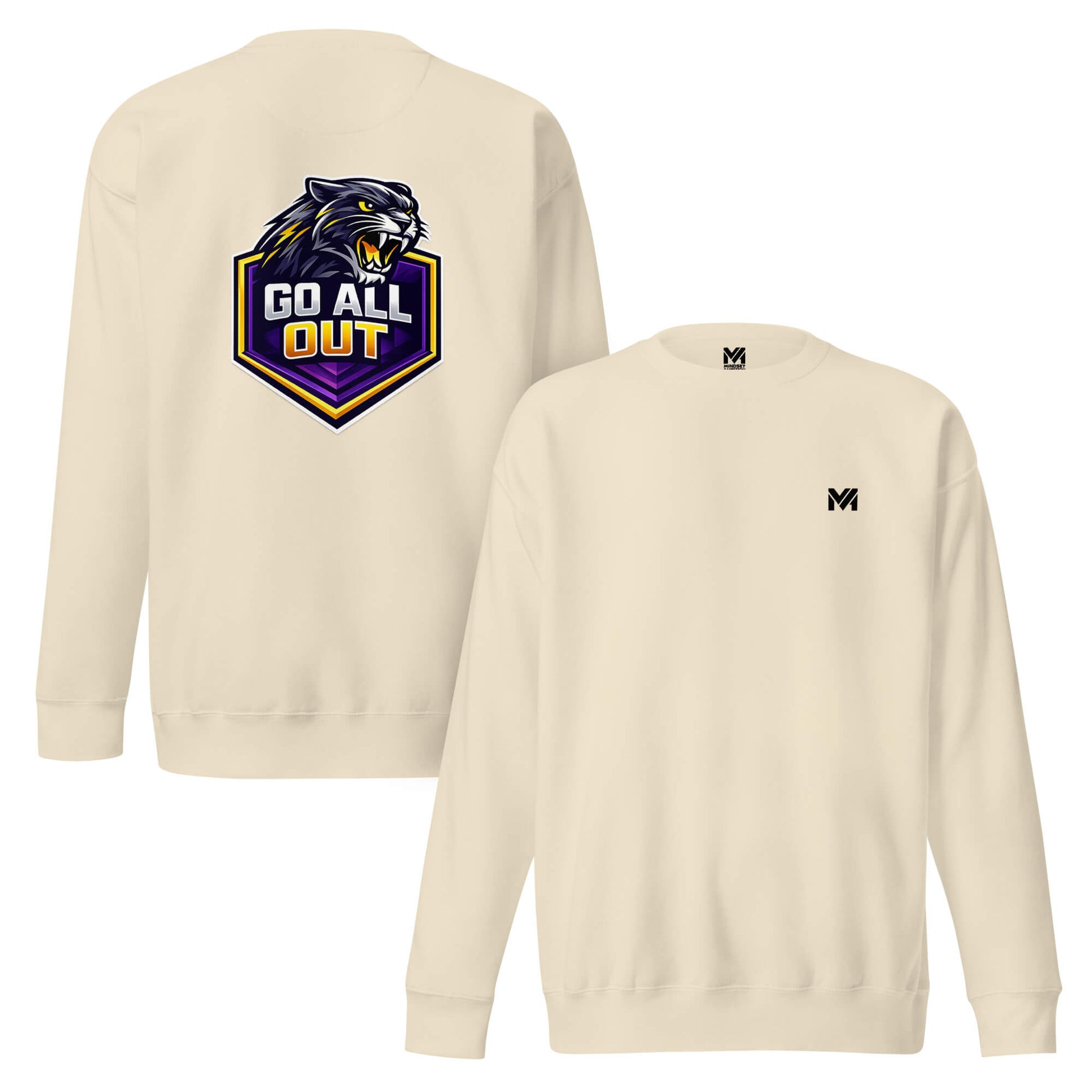 Sweat GO ALL OUT beige logo noir face et visuel coloré dos Mindset Ambition