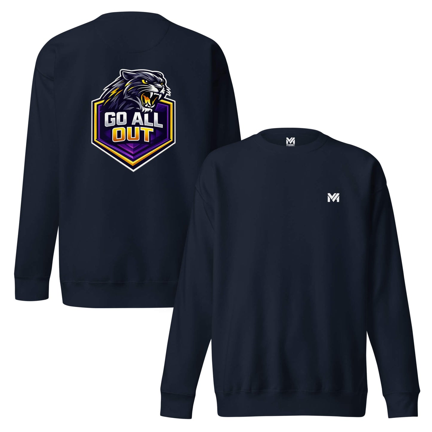 Sweat GO ALL OUT bleu marine logo blanc face et visuel coloré dos Mindset Ambition