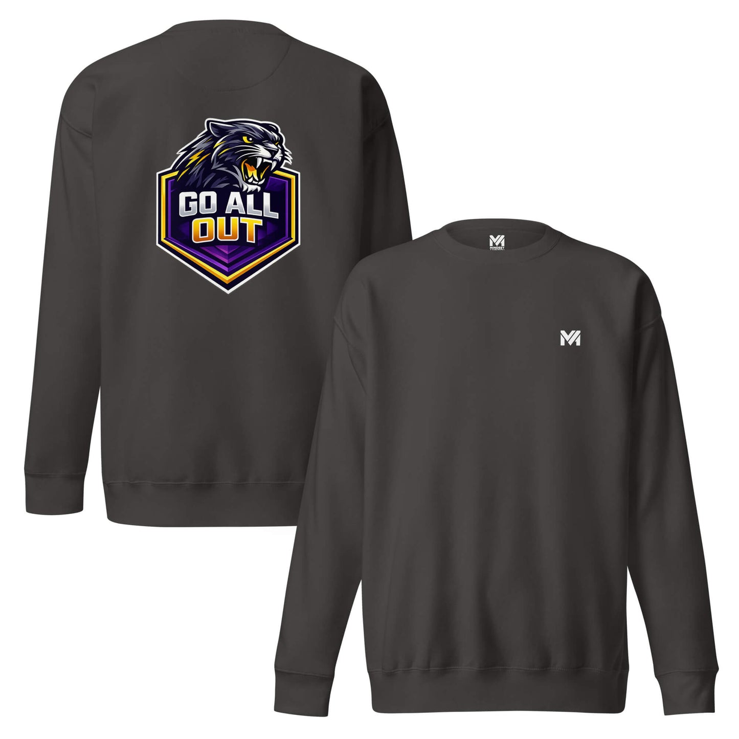 Sweat GO ALL OUT gris anthracite logo blanc face et visuel coloré dos Mindset Ambition
