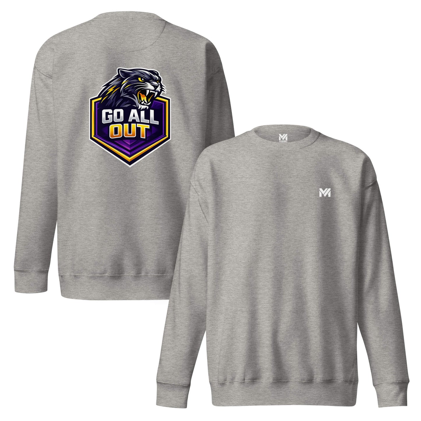 Sweat GO ALL OUT gris chiné logo blanc face et visuel coloré dos Mindset Ambition