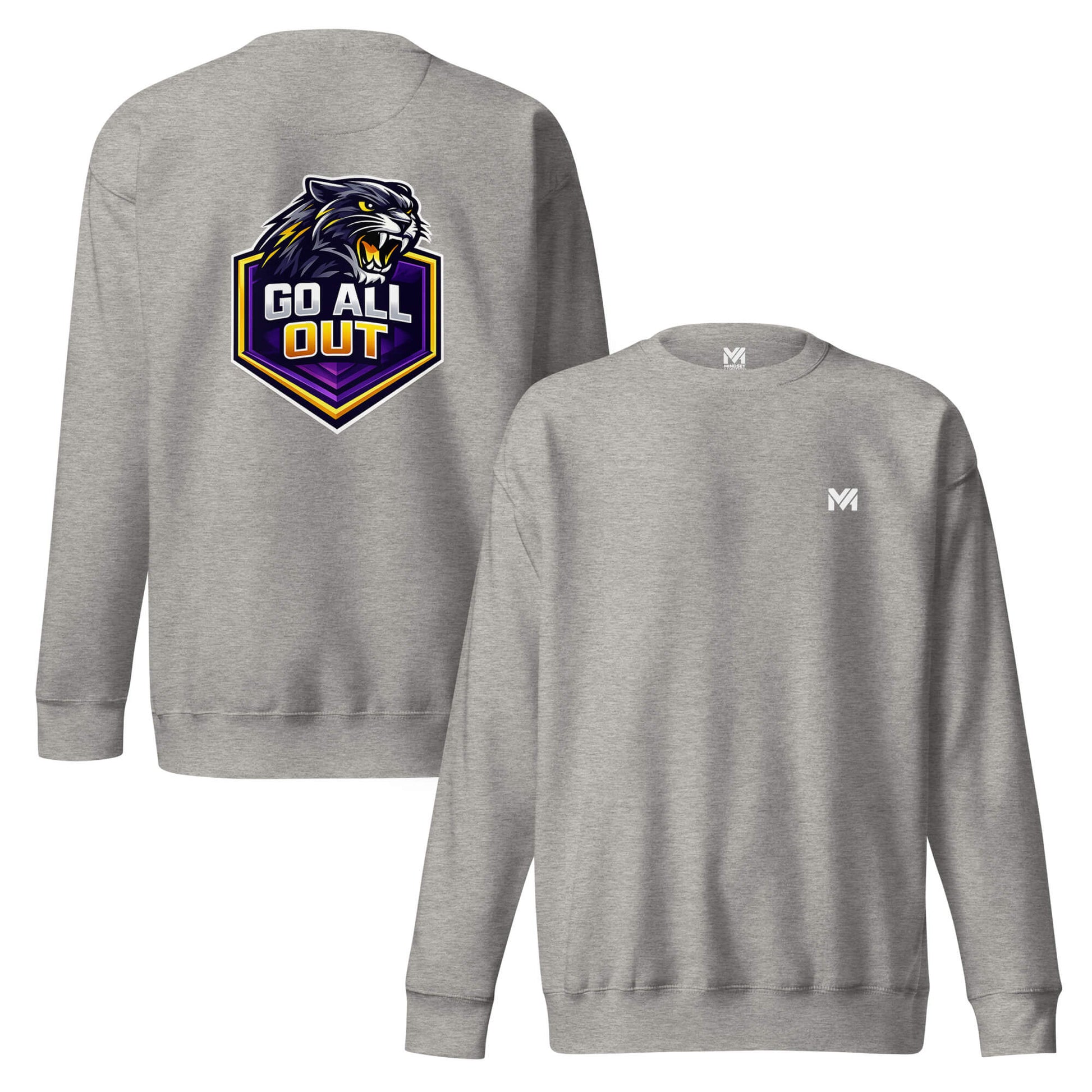 Sweat GO ALL OUT gris chiné logo blanc face et visuel coloré dos Mindset Ambition