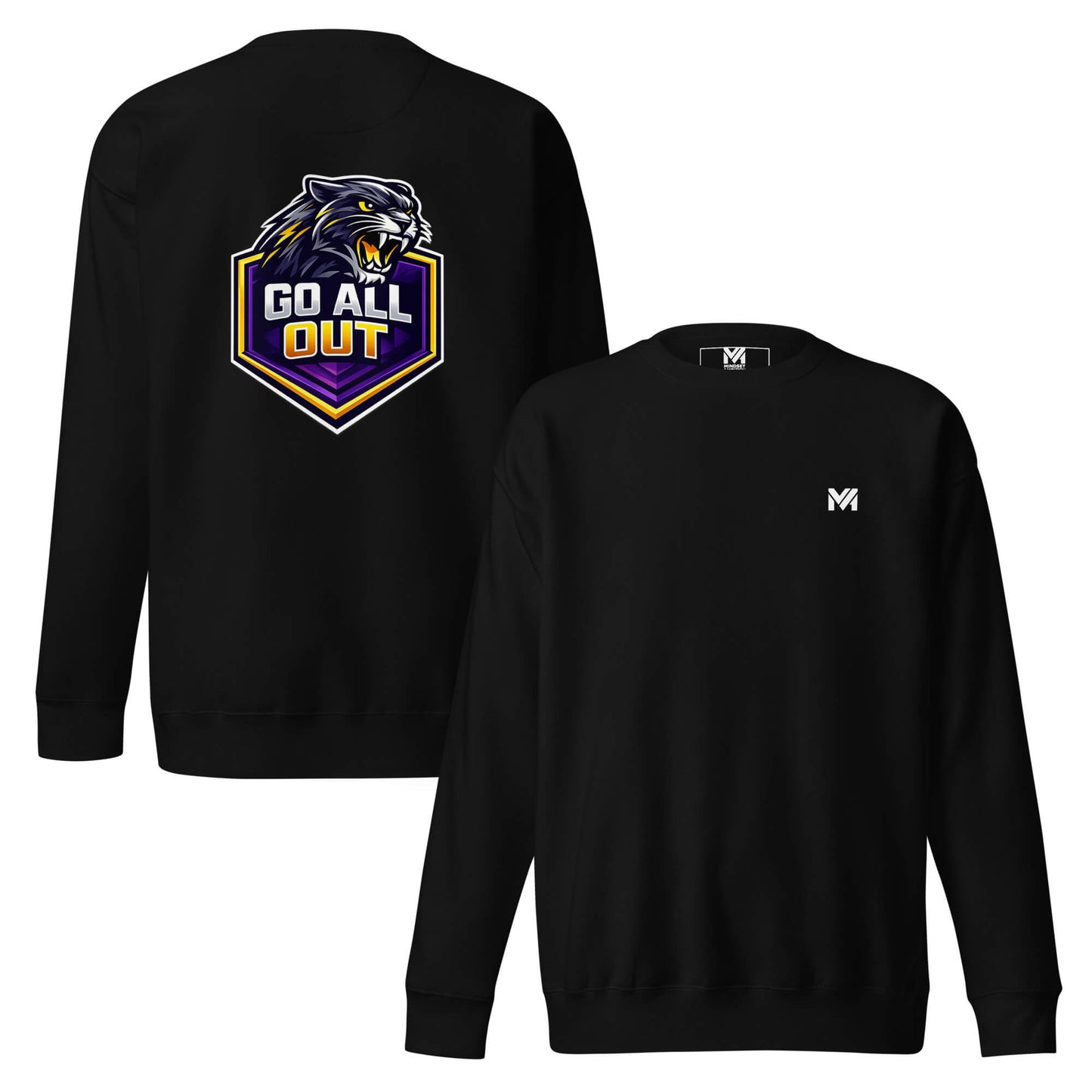 Sweat GO ALL OUT noir logo blanc face et visuel coloré dos Mindset Ambition