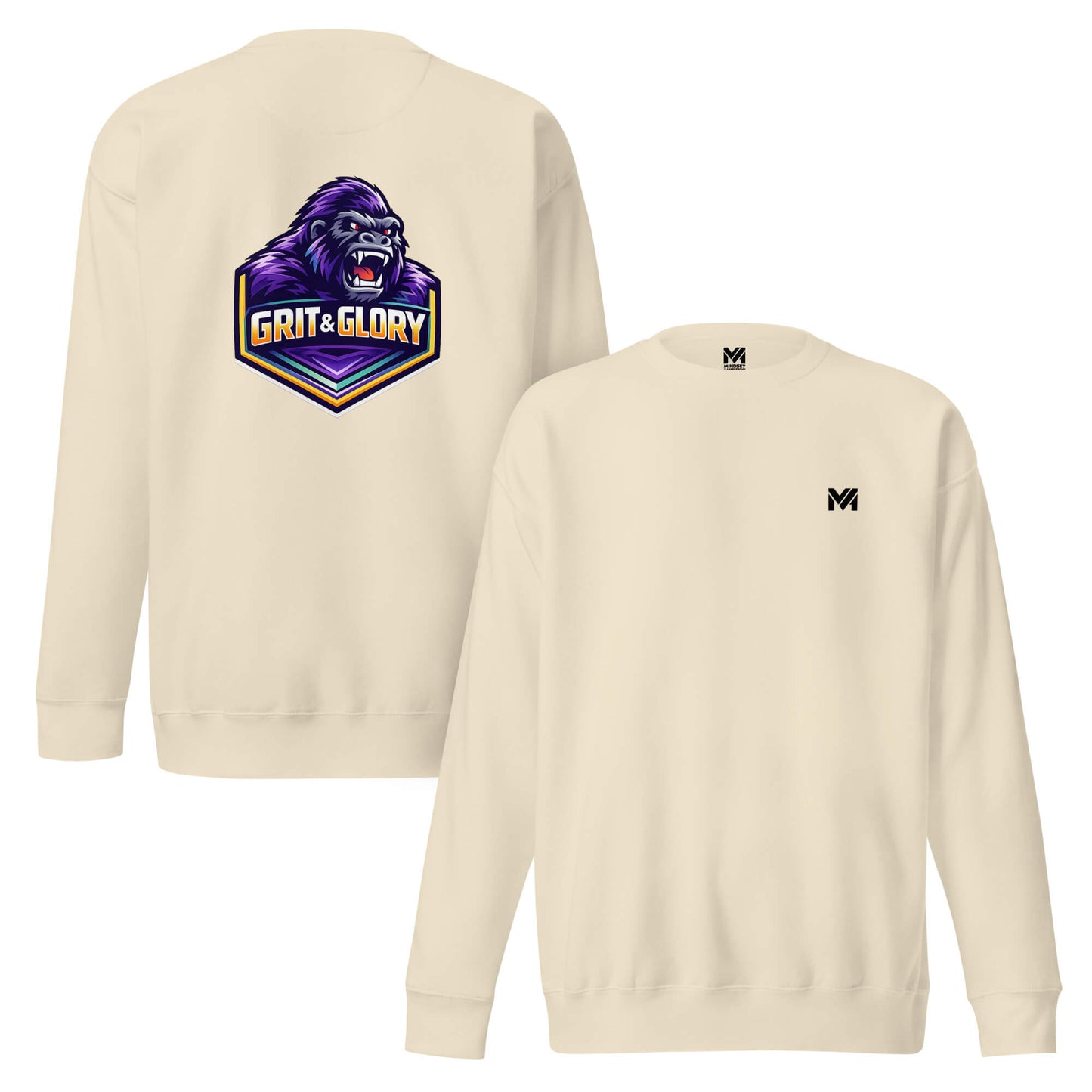 Sweat GRIT & GLORY beige logo noir face et visuel coloré dos Mindset Ambition