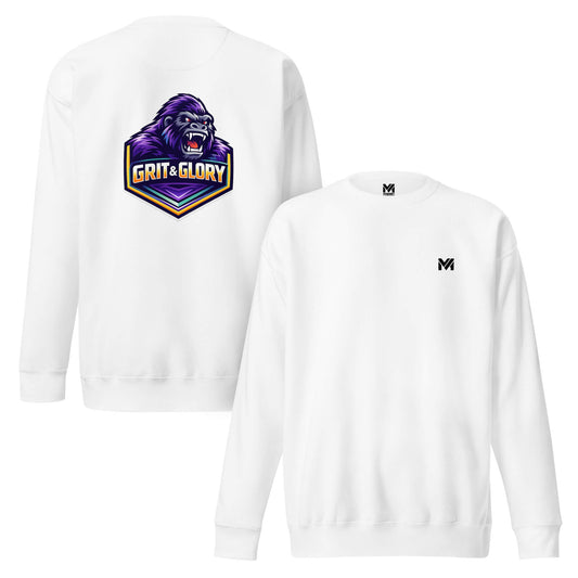 Sweat GRIT & GLORY blanc logo noir face et visuel coloré dos Mindset Ambition