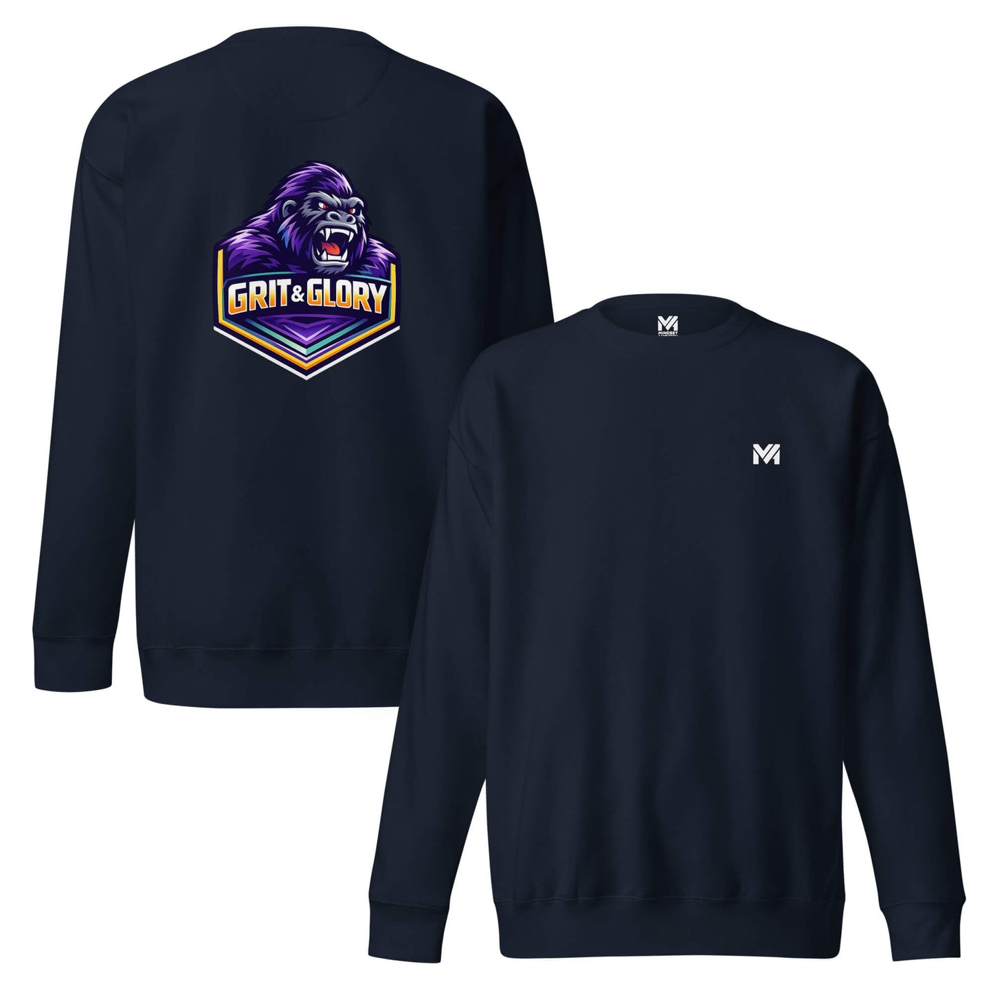 Sweat GRIT & GLORY bleu marine logo blanc face et visuel coloré dos Mindset Ambition