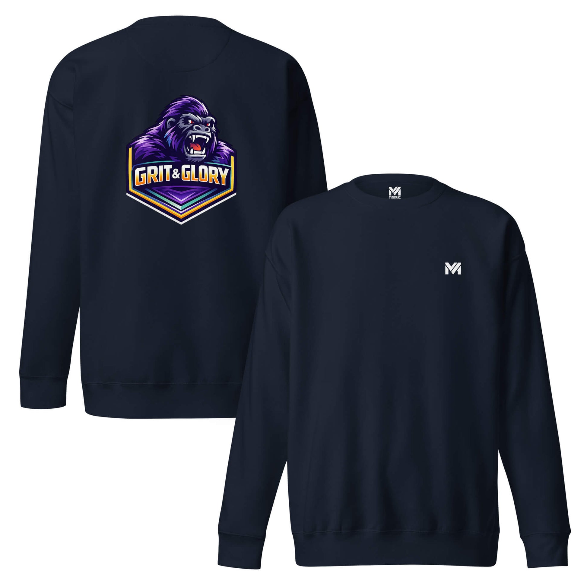 Sweat GRIT & GLORY bleu marine logo blanc face et visuel coloré dos Mindset Ambition