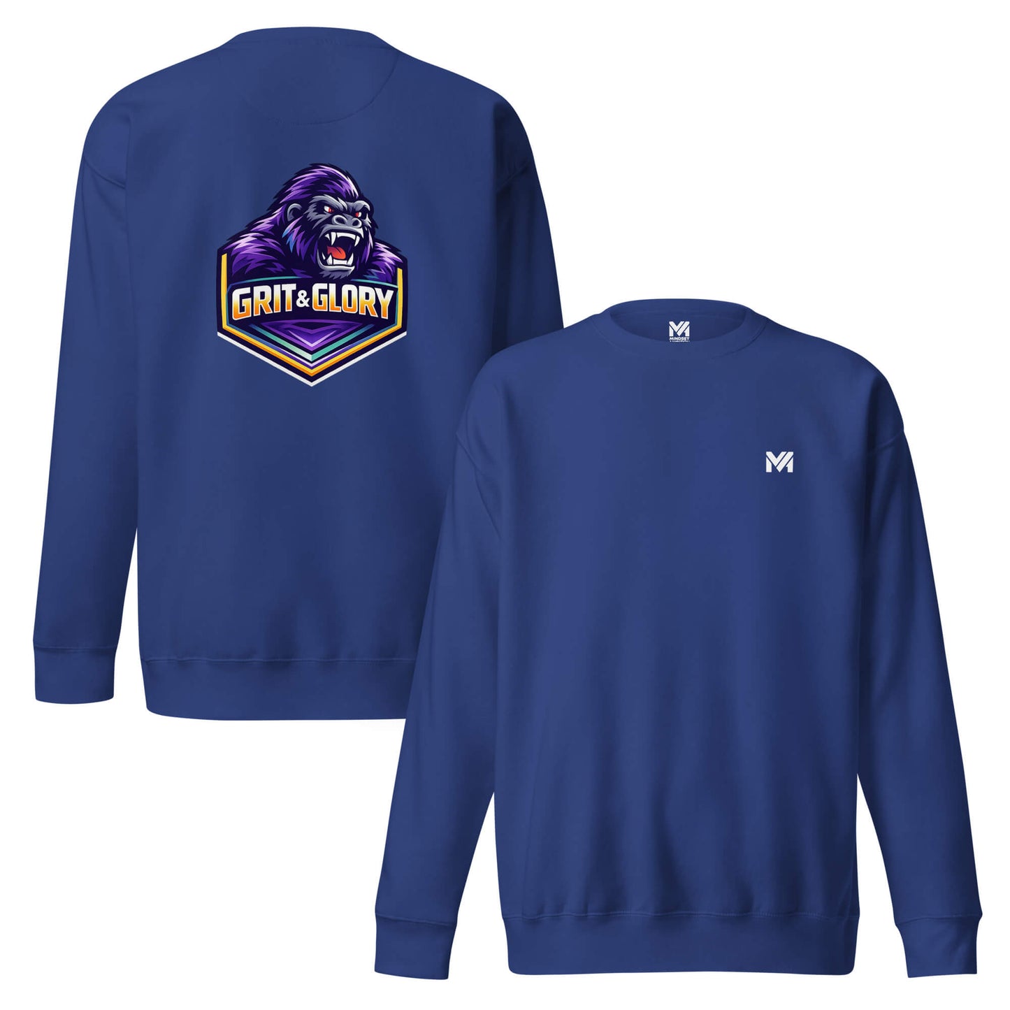 Sweat GRIT & GLORY bleu roi logo blanc face et visuel coloré dos Mindset Ambition
