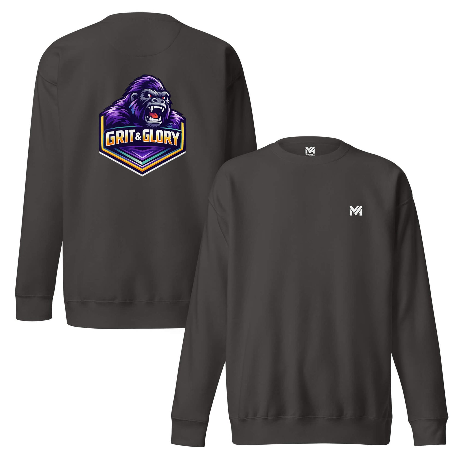Sweat GRIT & GLORY gris anthracite logo blanc face et visuel coloré dos Mindset Ambition