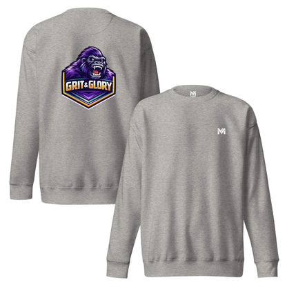 Sweat GRIT & GLORY gris chiné logo blanc face et visuel coloré dos Mindset Ambition
