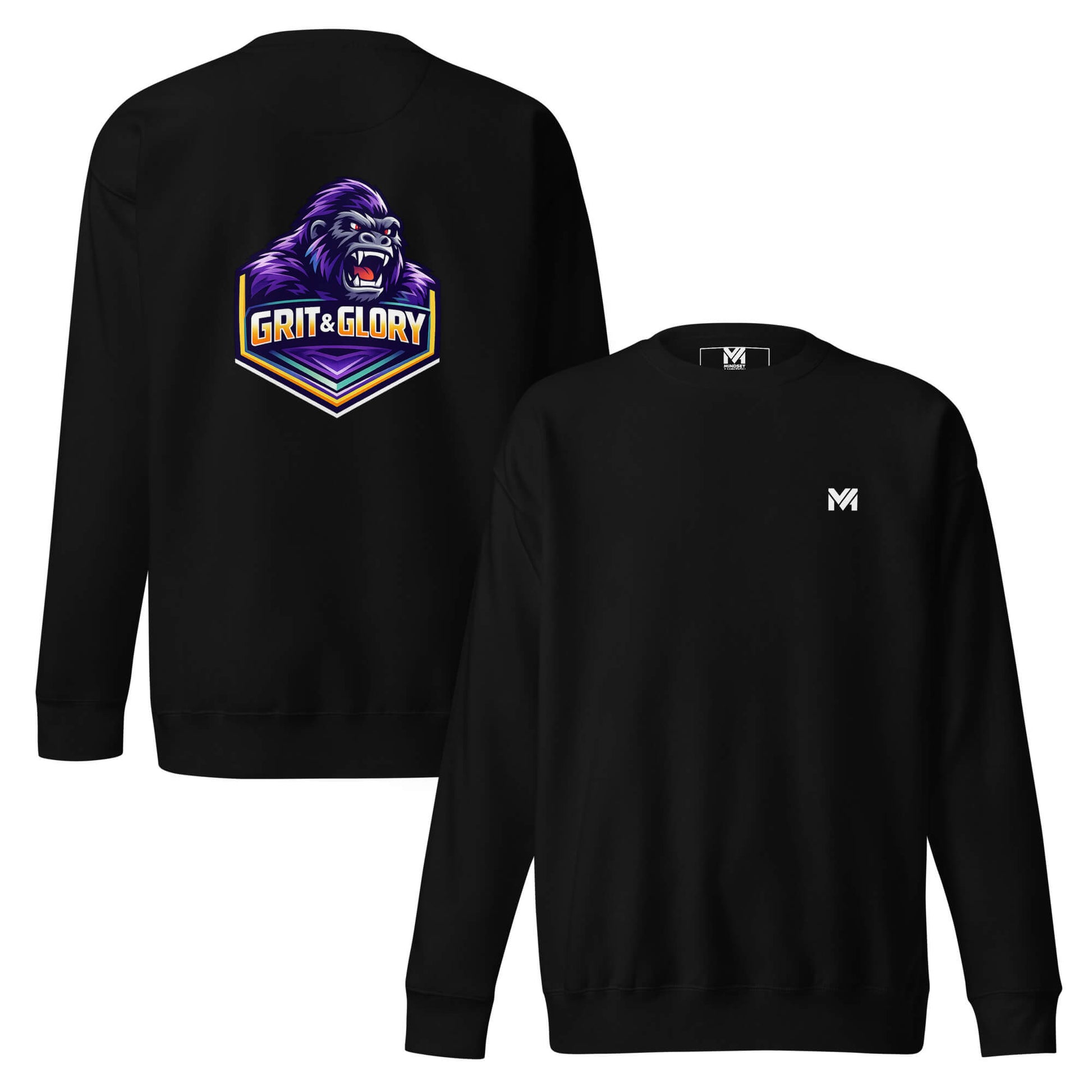Sweat GRIT & GLORY noir logo blanc face et visuel coloré dos Mindset Ambition