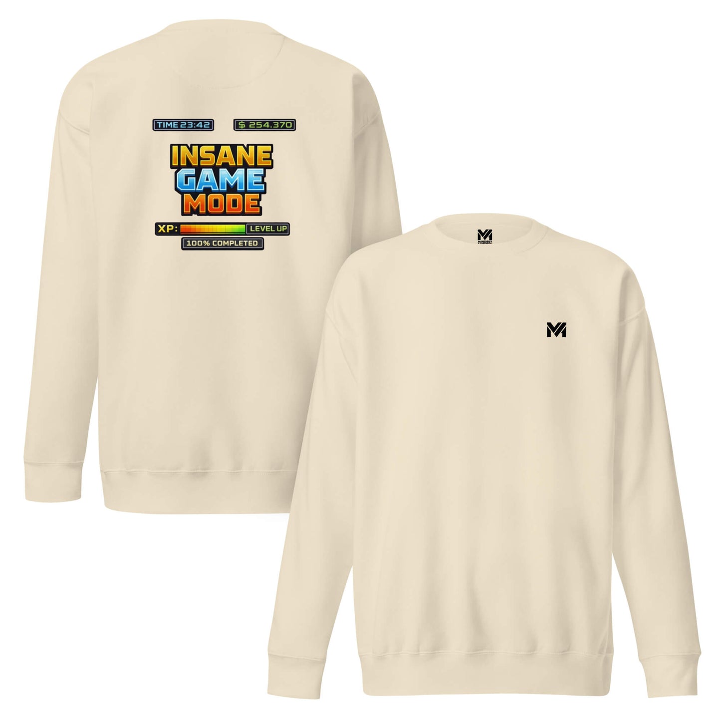Sweat INSANE GAME MODE beige logo noir face et visuel coloré dos Mindset Ambition