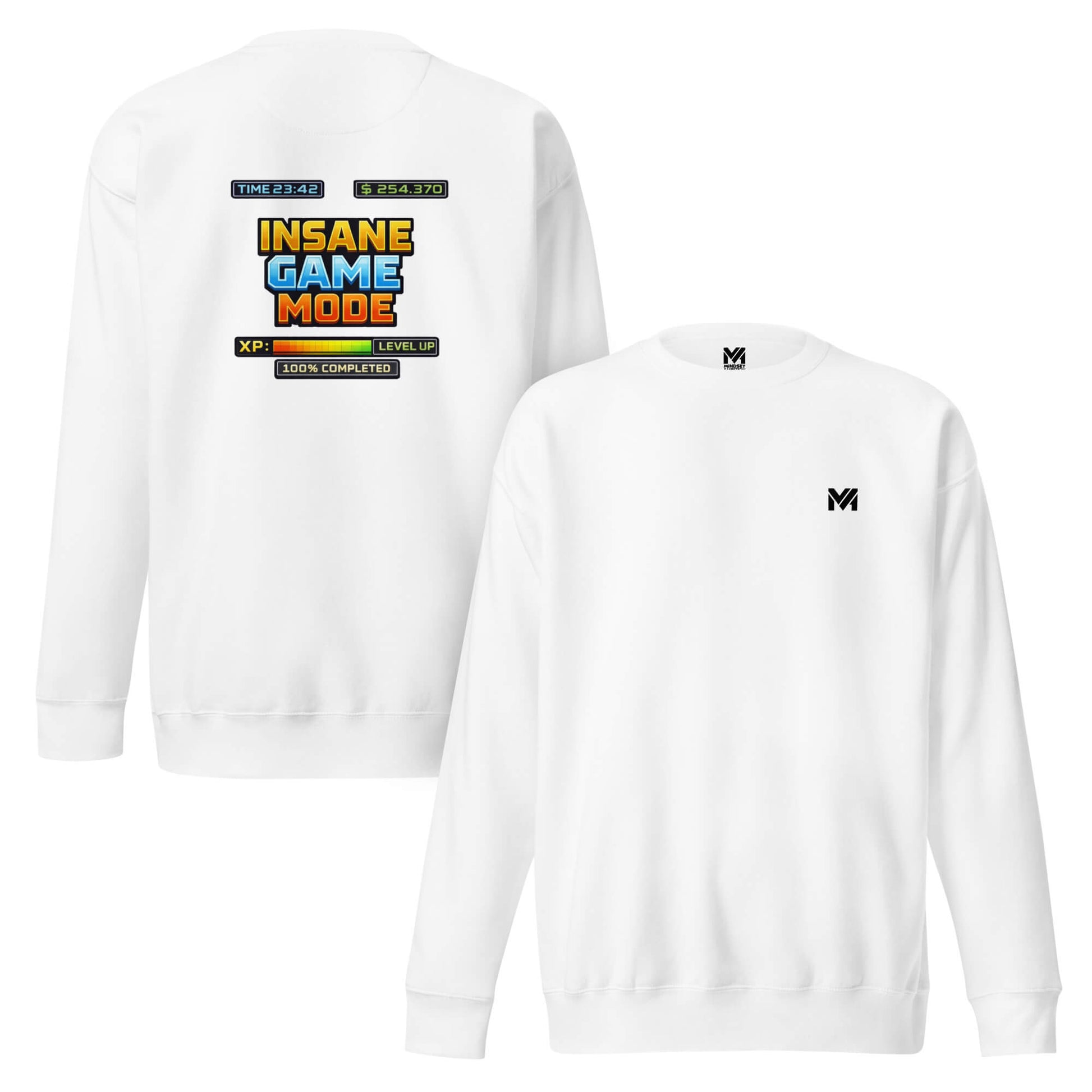 Sweat INSANE GAME MODE blanc logo noir face et visuel coloré dos Mindset Ambition