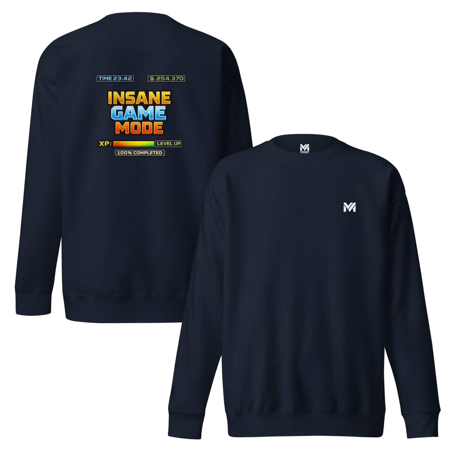 Sweat INSANE GAME MODE bleu marine logo blanc face et visuel coloré dos Mindset Ambition