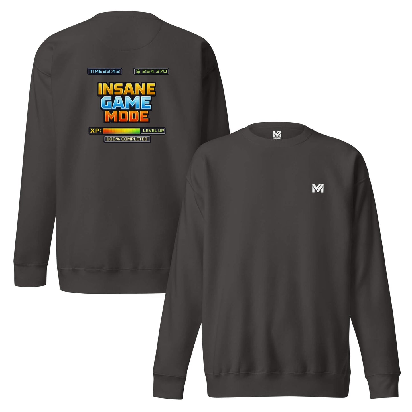 Sweat INSANE GAME MODE gris anthracite logo blanc face et visuel coloré dos Mindset Ambition