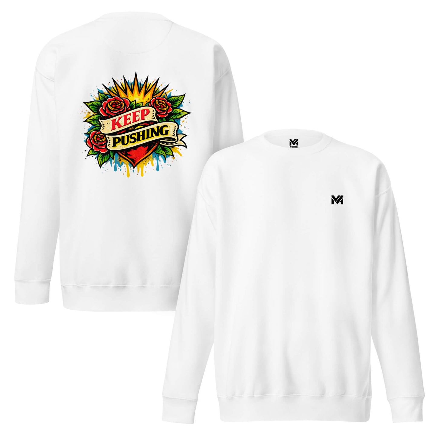 Sweat KEEP PUSHING blanc logo noir face et visuel coloré dos Mindset Ambition