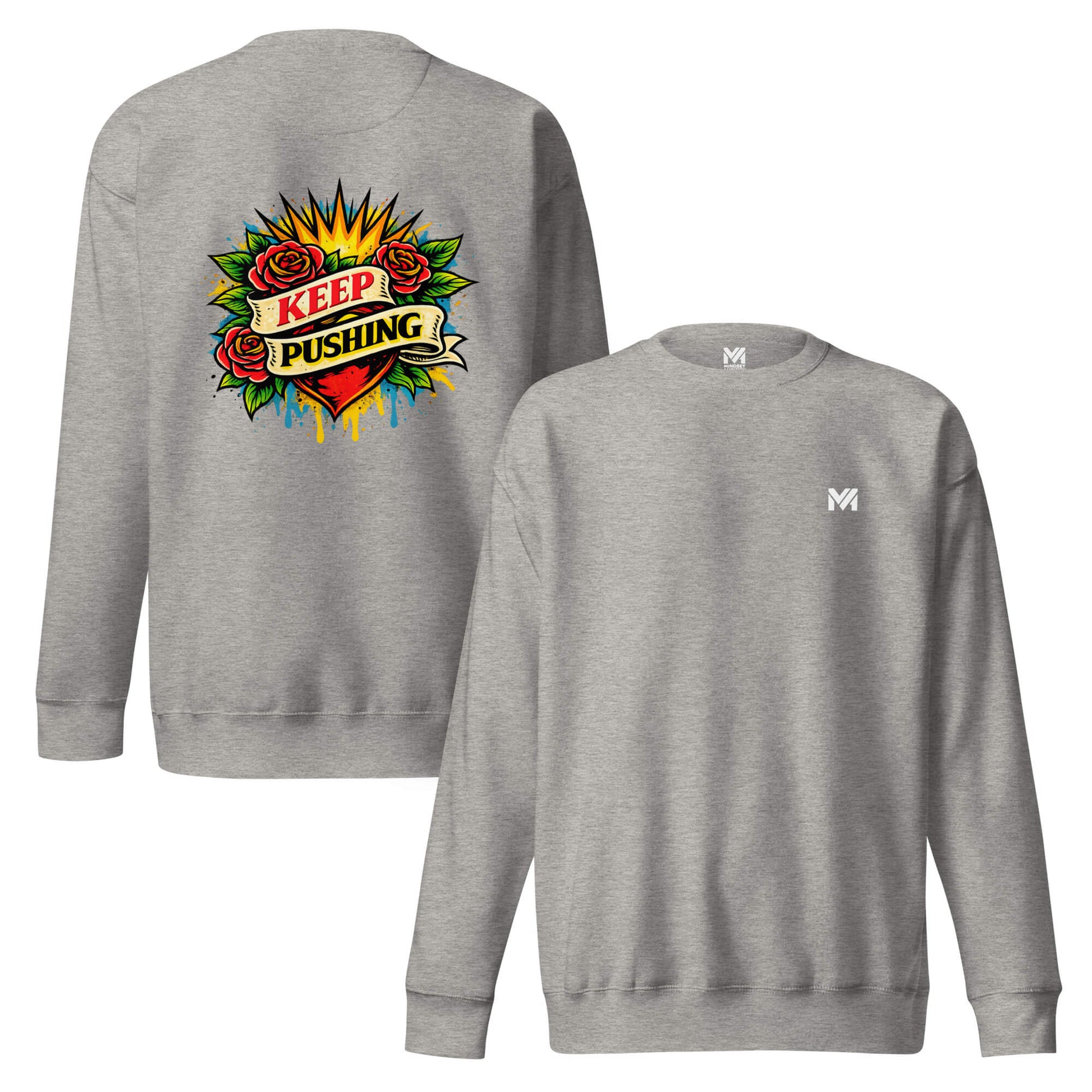 Sweat KEEP PUSHING gris chiné logo blanc face et visuel coloré dos Mindset Ambition