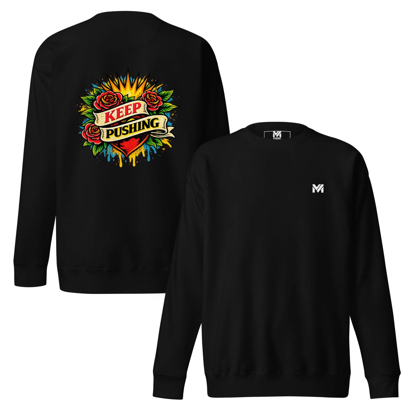 Sweat KEEP PUSHING noir logo blanc face et visuel coloré dos Mindset Ambition