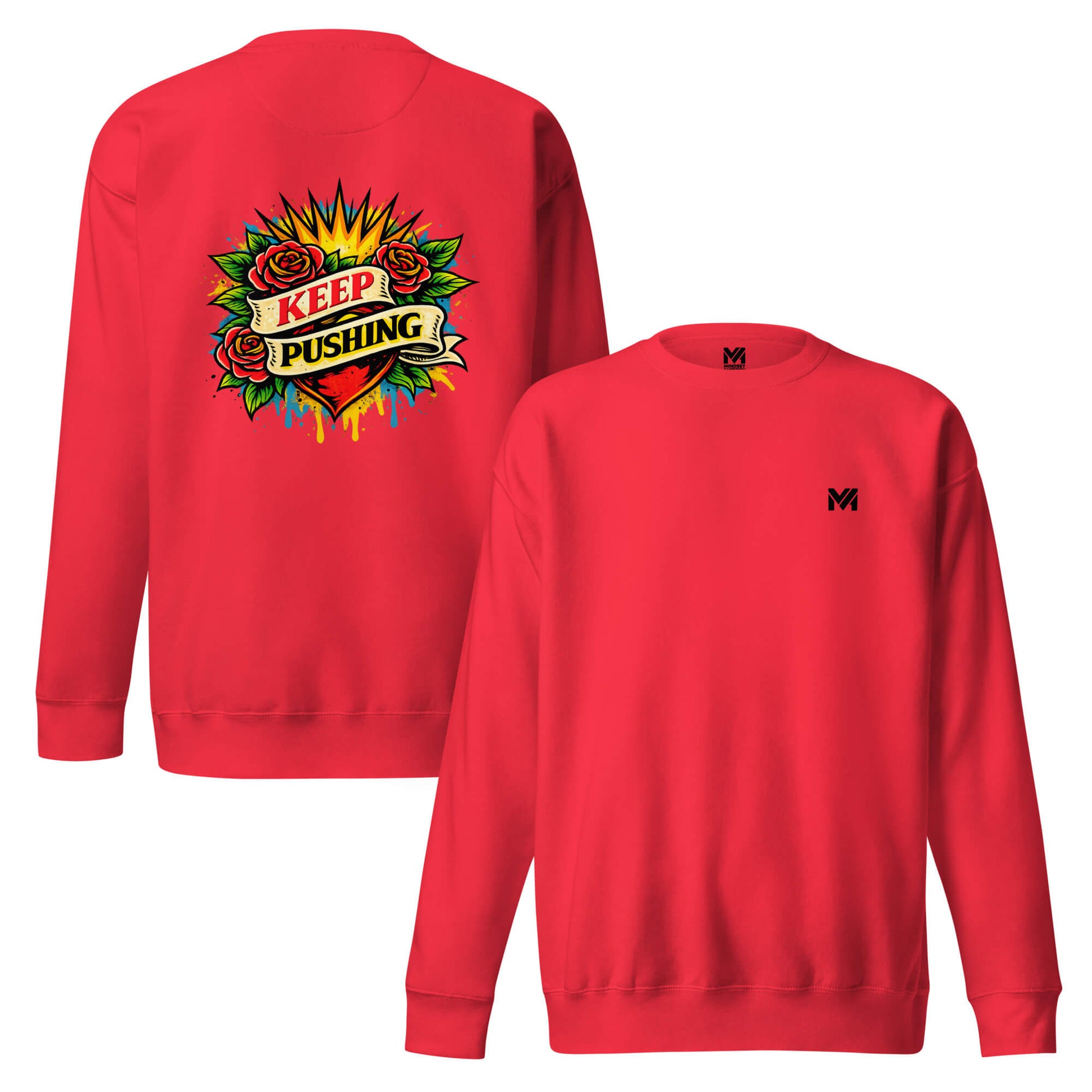 Sweat KEEP PUSHING rouge logo noir face et visuel coloré dos Mindset Ambition