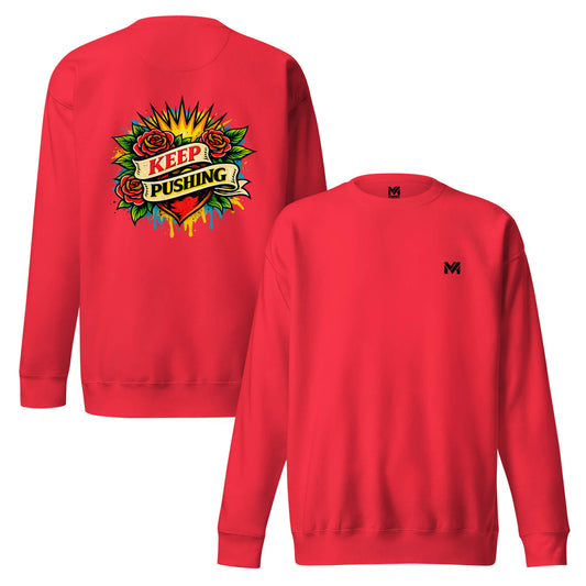 Sweat KEEP PUSHING rouge logo noir face et visuel coloré dos Mindset Ambition