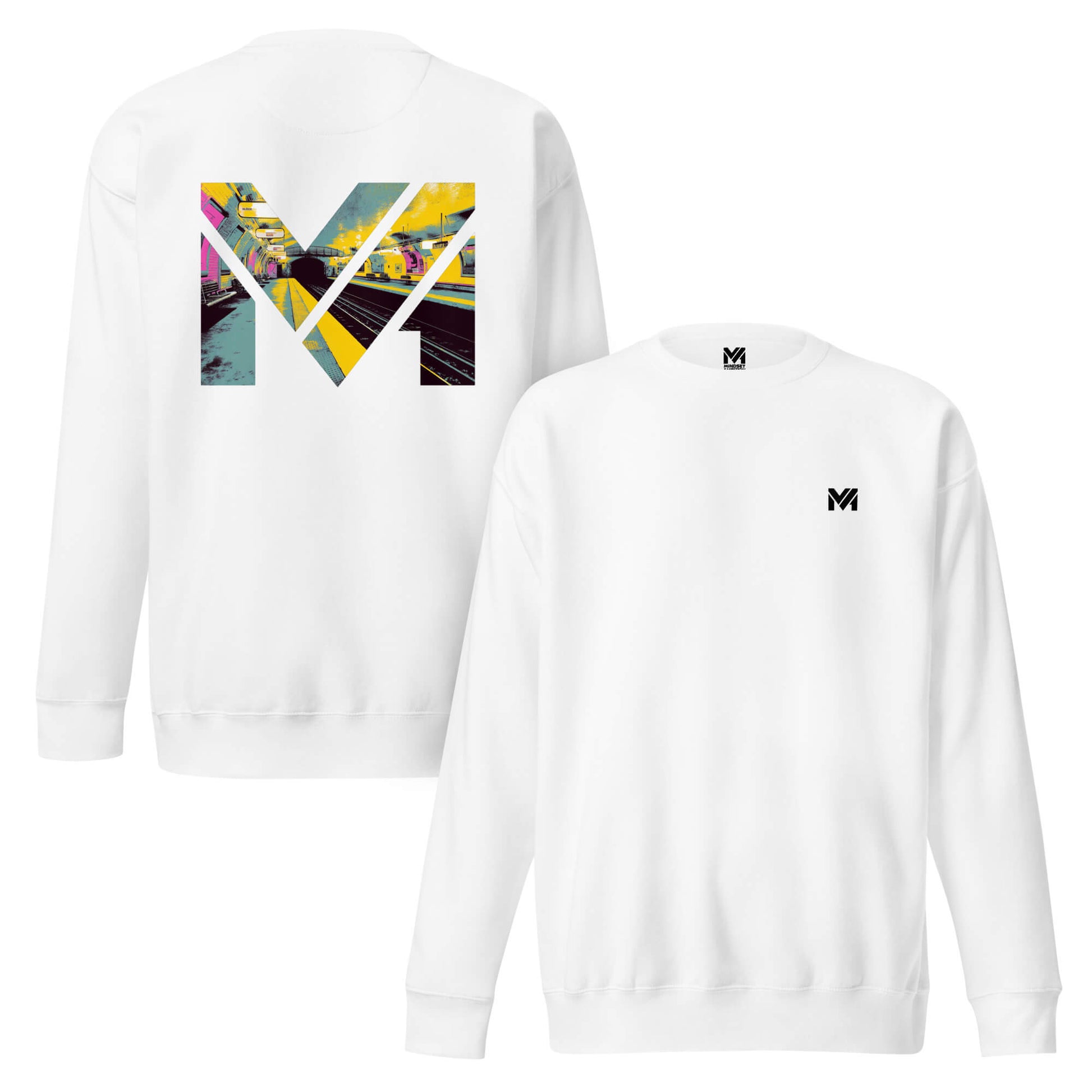Sweat LAST TRAIN MENTALITY blanc logo noir face et visuel coloré dos Mindset Ambition