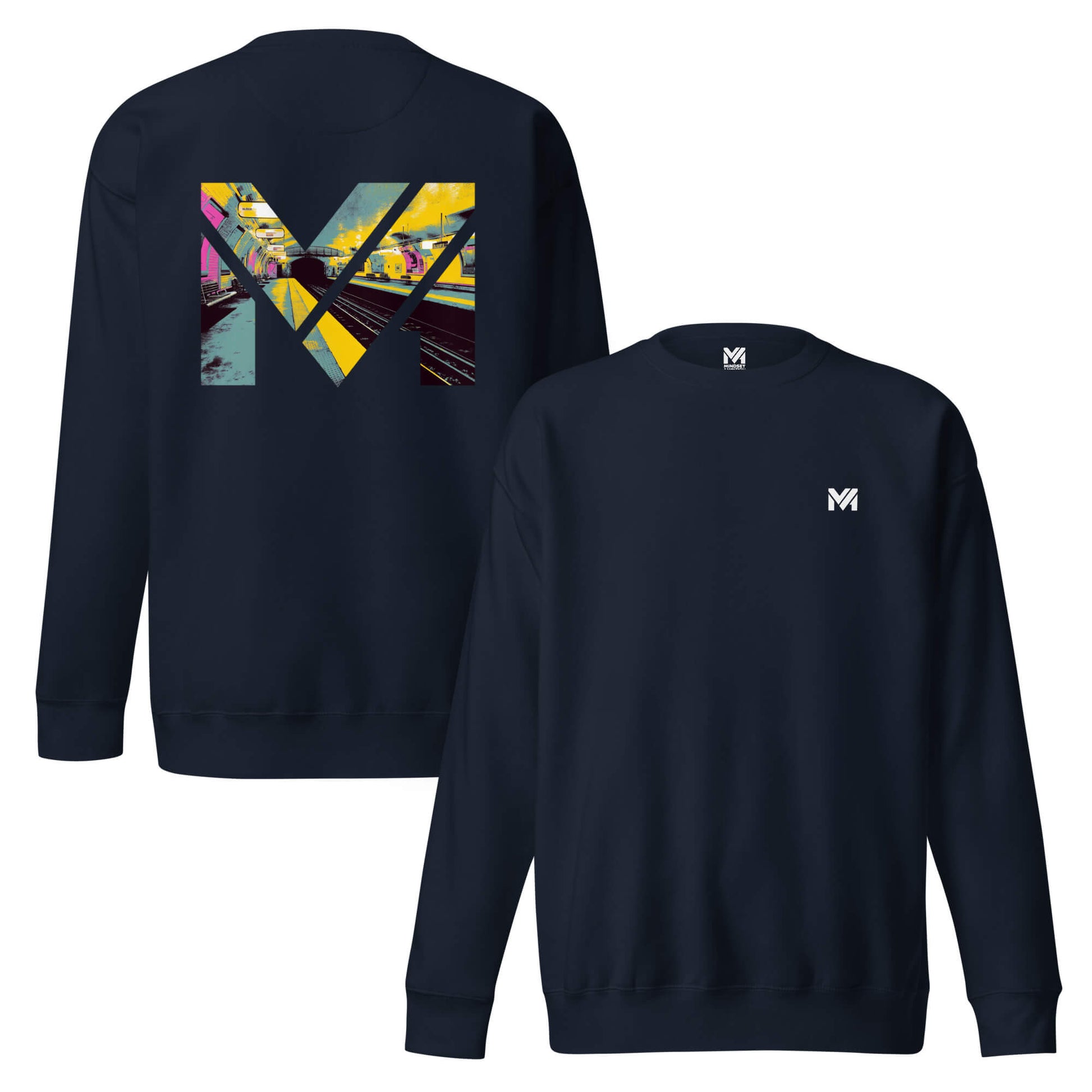 Sweat LAST TRAIN MENTALITY bleu marine logo blanc face et visuel coloré dos Mindset Ambition