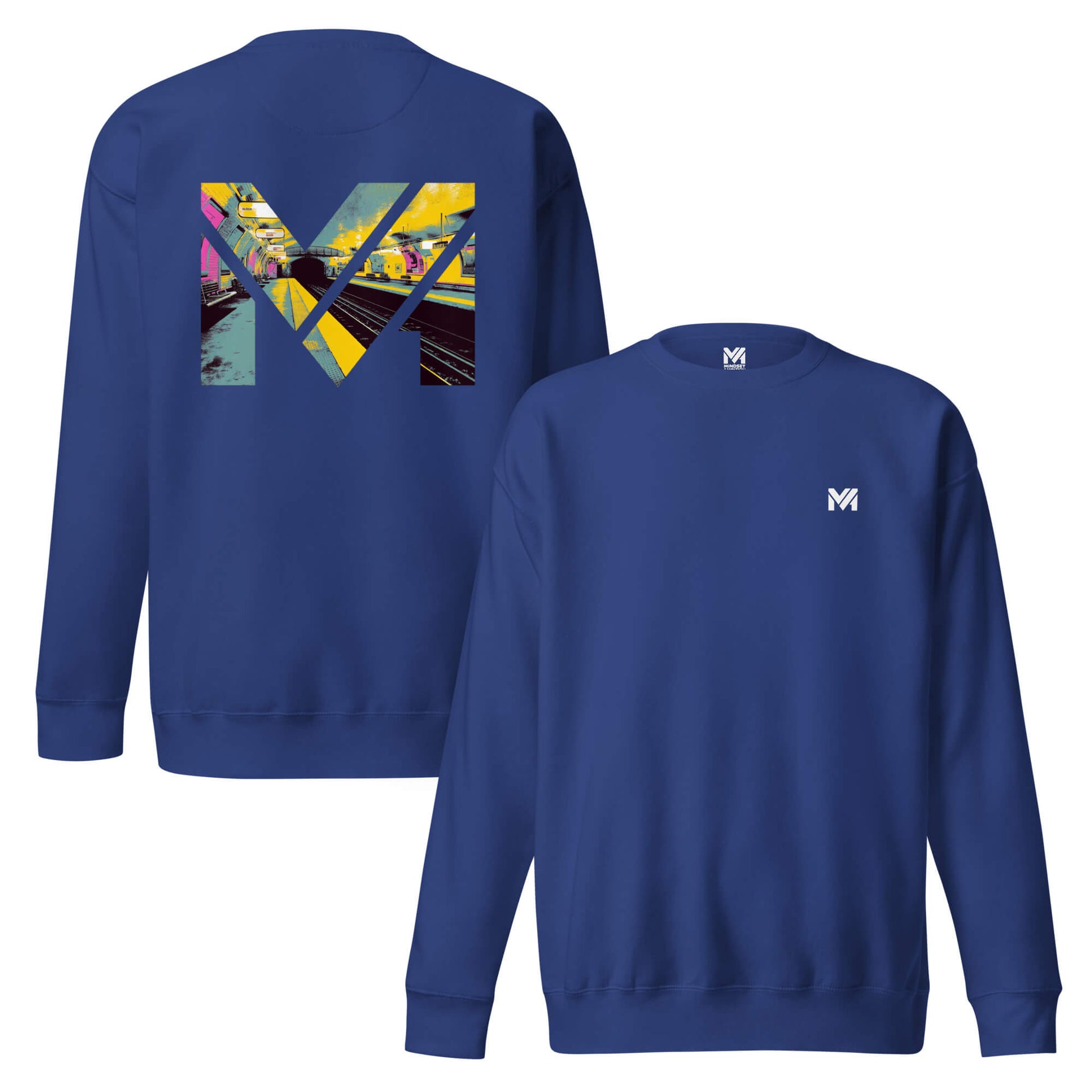Sweat LAST TRAIN MENTALITY bleu roi logo blanc face et visuel coloré dos Mindset Ambition