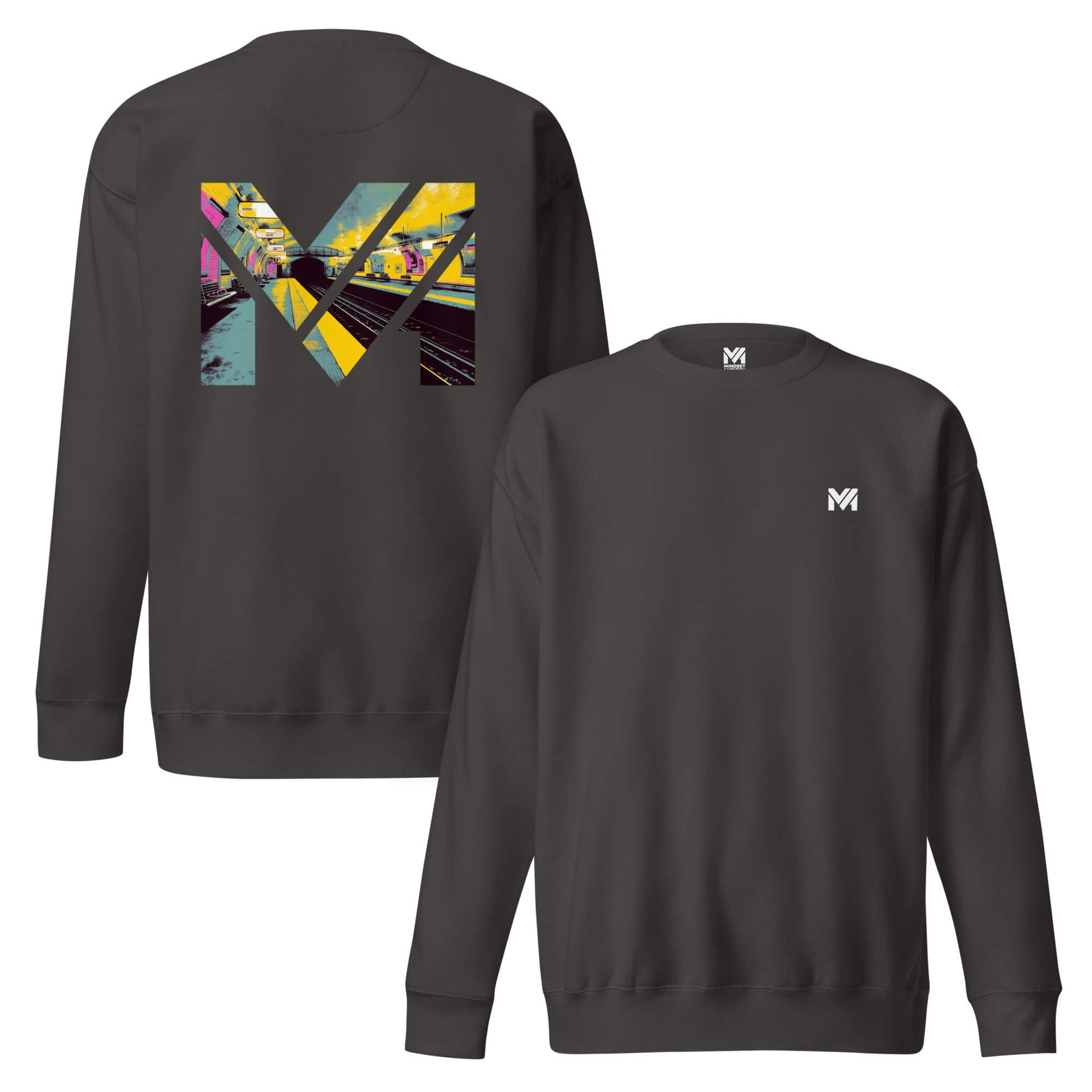 Sweat LAST TRAIN MENTALITY gris anthracite logo blanc face et visuel coloré dos Mindset Ambition