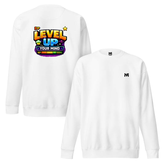 Sweat LEVEL UP YOUR MIND blanc logo noir face et visuel coloré dos Mindset Ambition