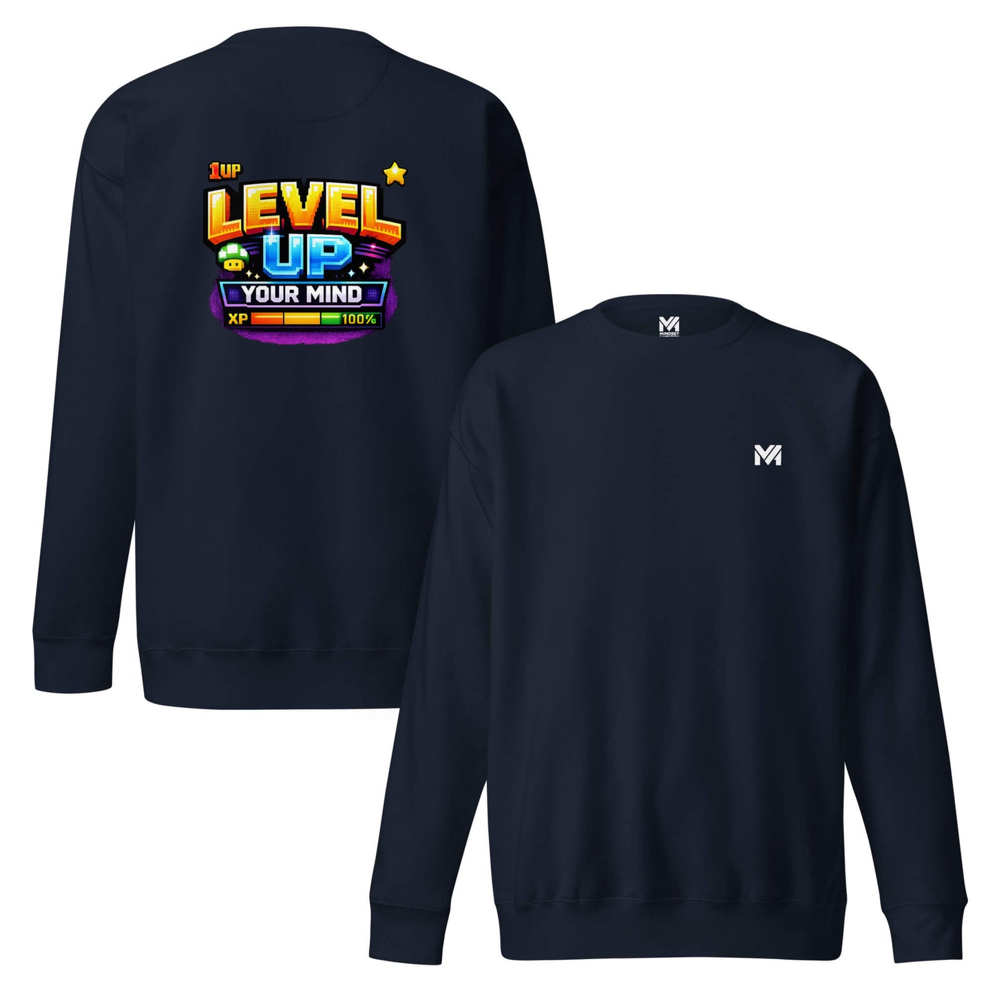 Sweat LEVEL UP YOUR MIND bleu marine logo blanc face et visuel coloré dos Mindset Ambition