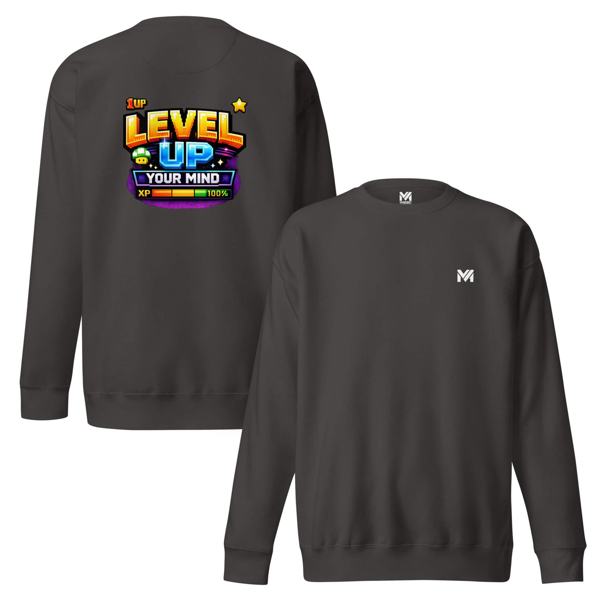 Sweat LEVEL UP YOUR MIND gris anthracite logo blanc face et visuel coloré dos Mindset Ambition