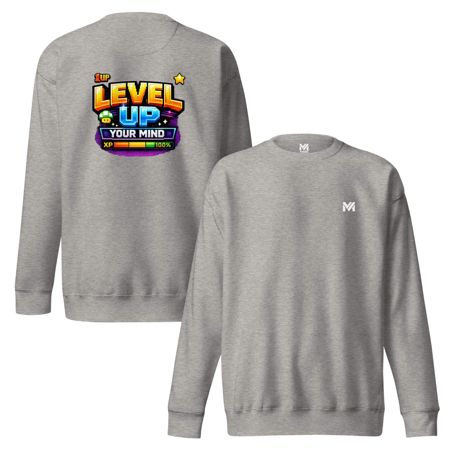 Sweat LEVEL UP YOUR MIND gris chiné logo blanc face et visuel coloré dos Mindset Ambition