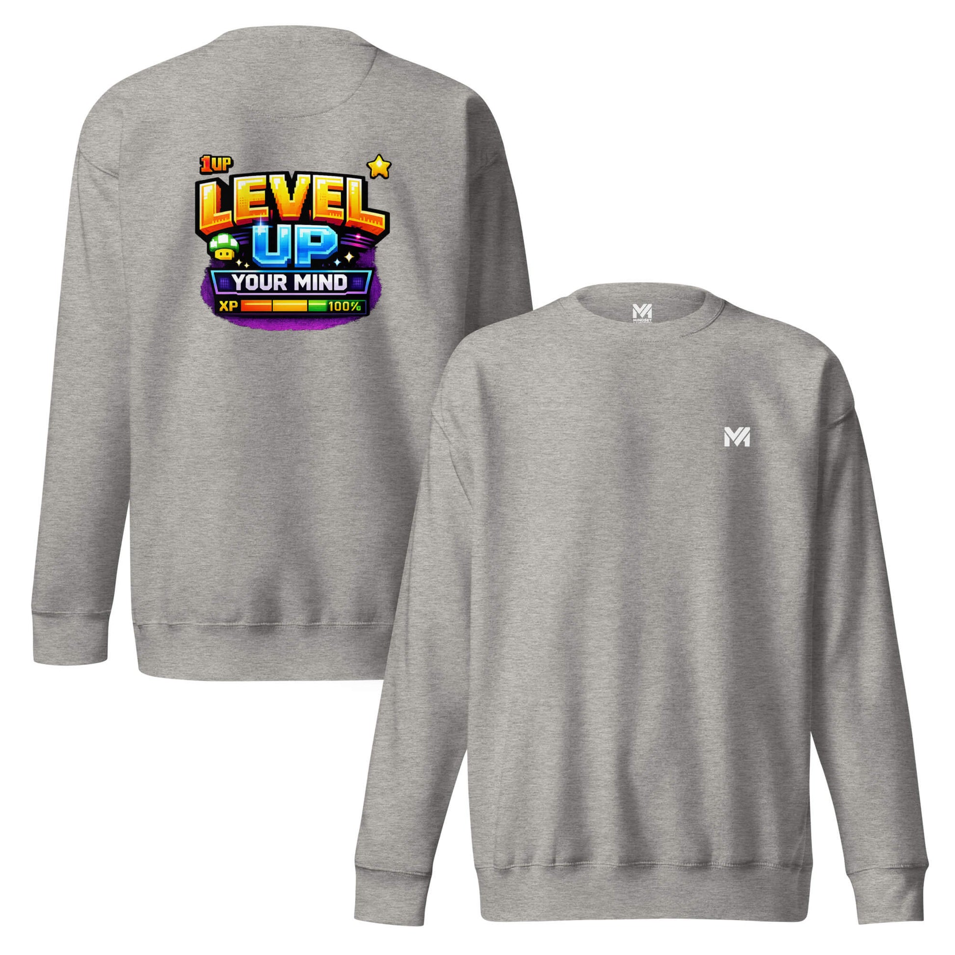 Sweat LEVEL UP YOUR MIND gris chiné logo blanc face et visuel coloré dos Mindset Ambition